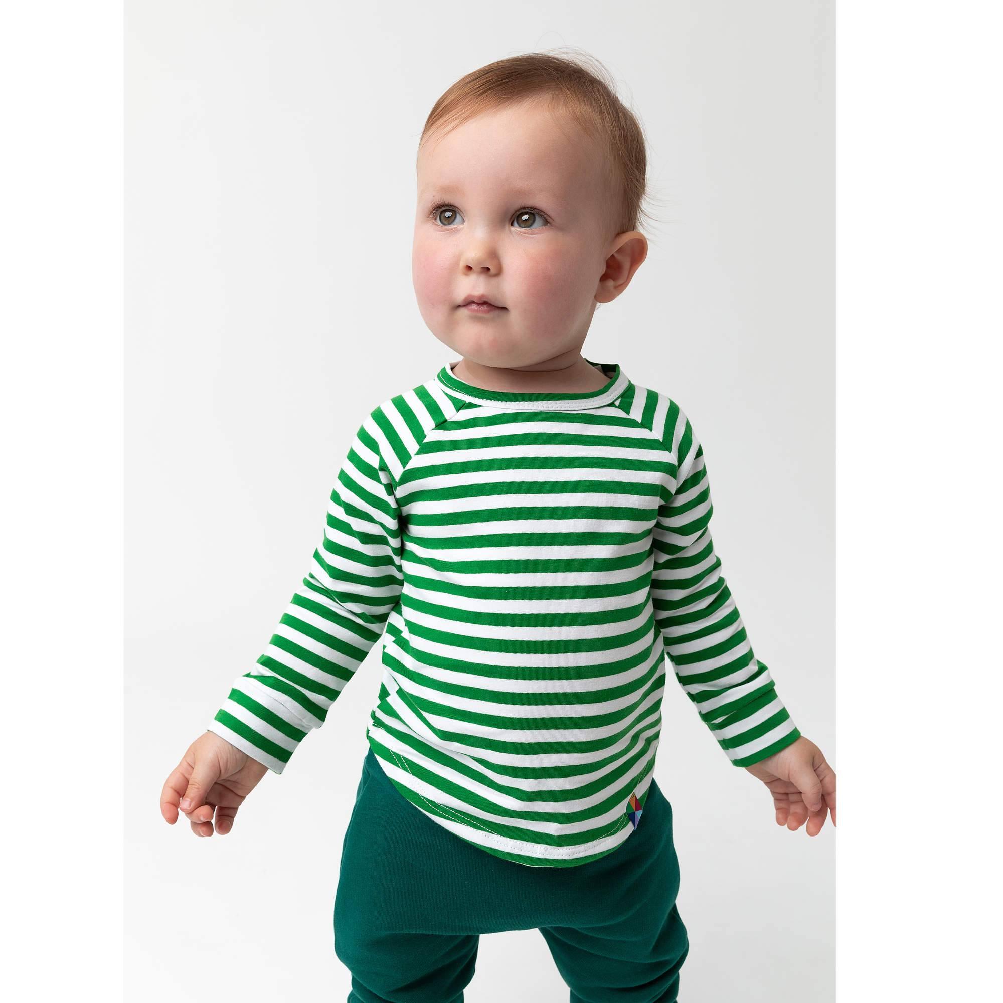 Zielona koszulka z długim rękawem w paski niemowlęca