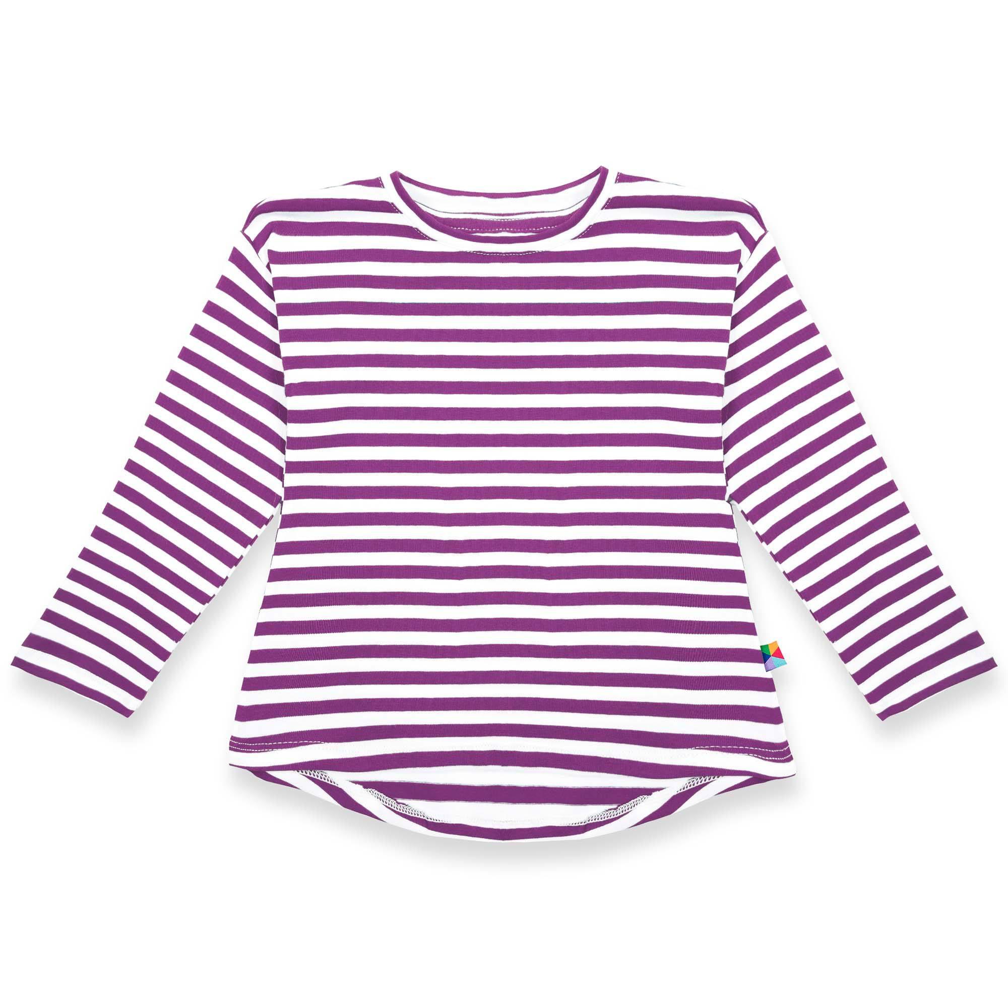 Fioletowa koszulka z przedłużanym tyłem w paski