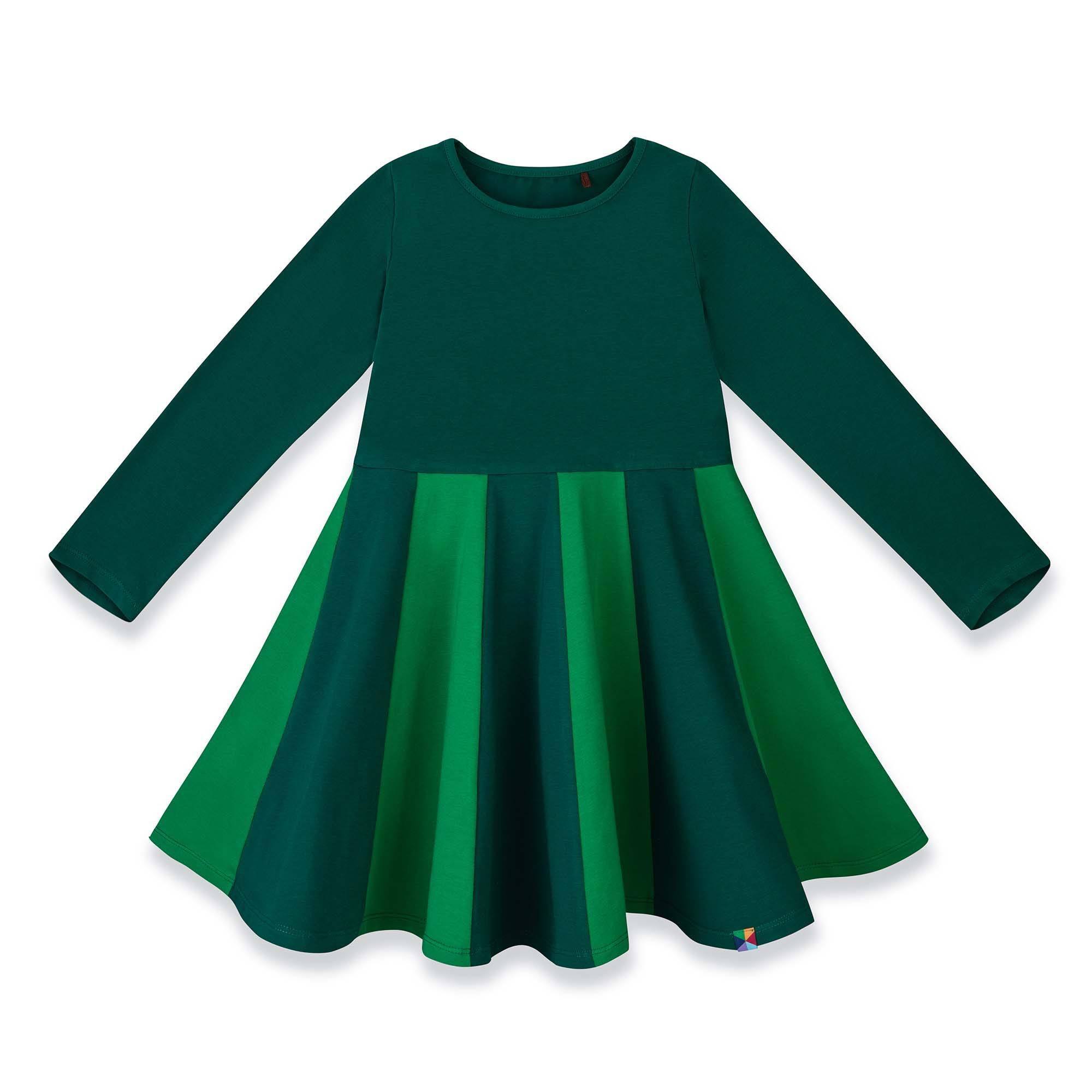 Butelkowozielono-zielona sukienka z kolorową falbaną