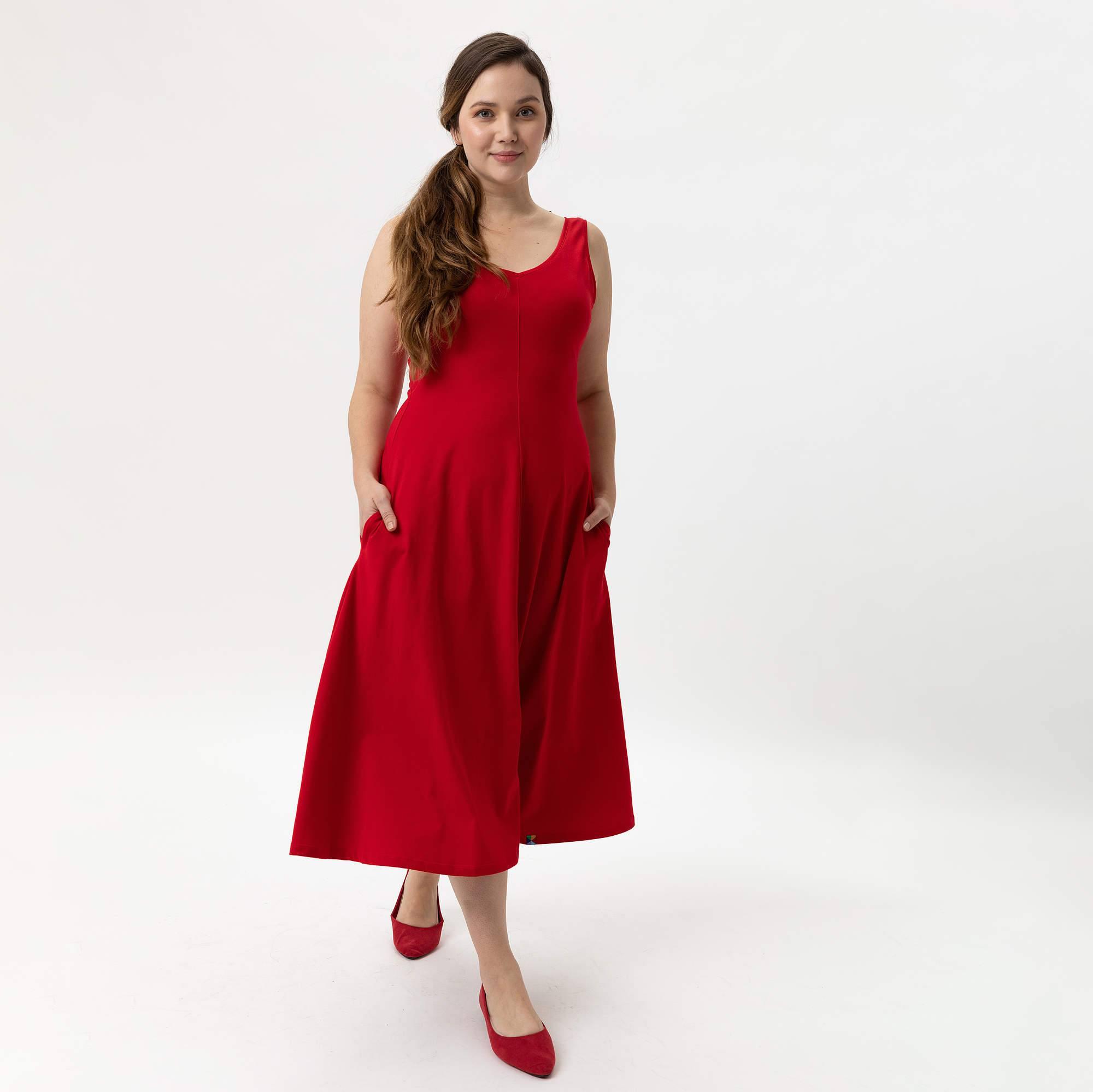 Czerwona sukienka midi bez rekawów