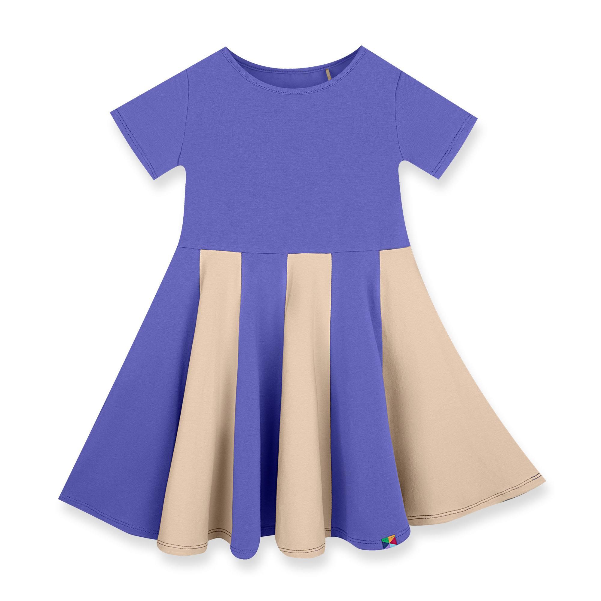 Barwinkowo-beżowa sukienka z kolorową falbaną