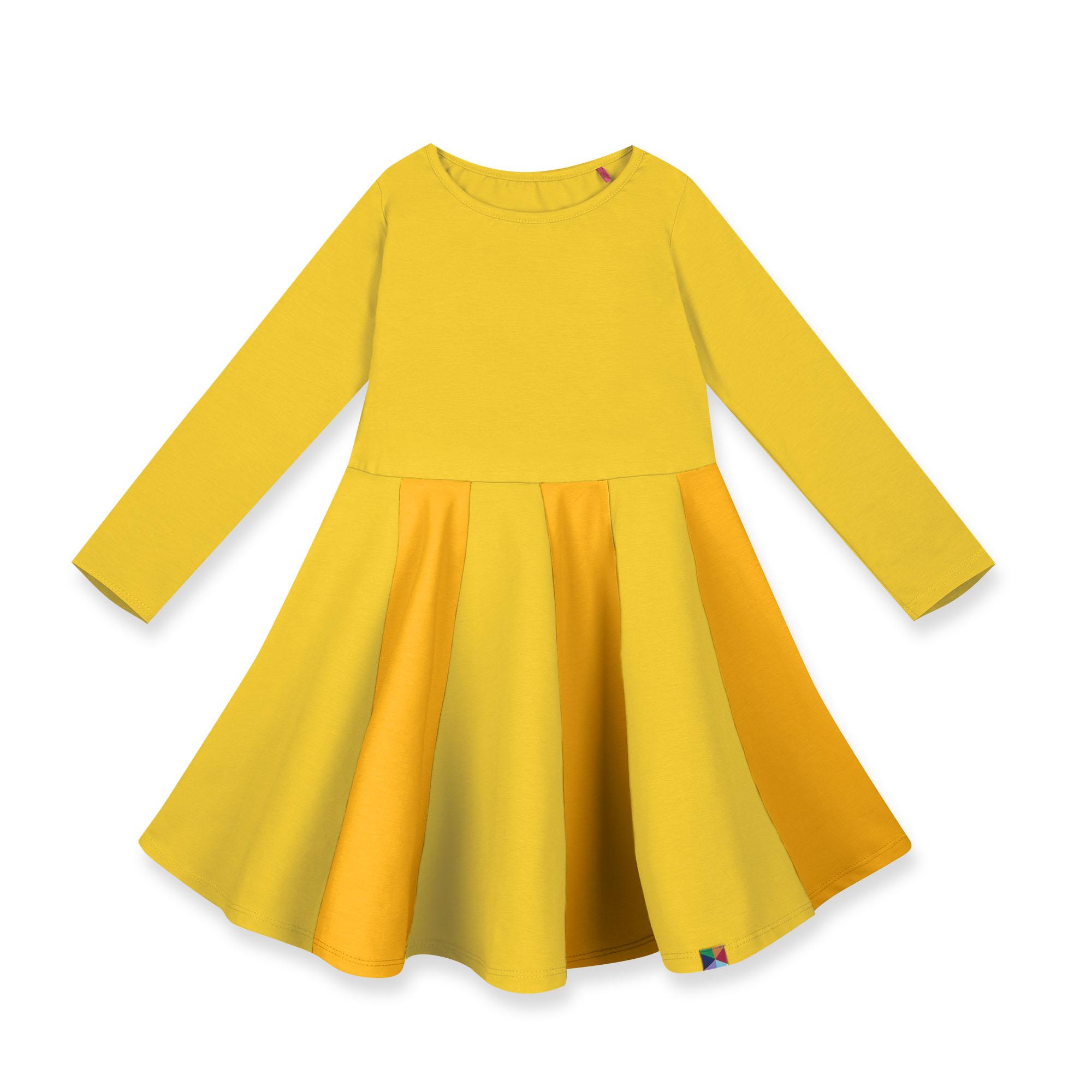 Żółto-musztardowa sukienka z kolorową falbaną