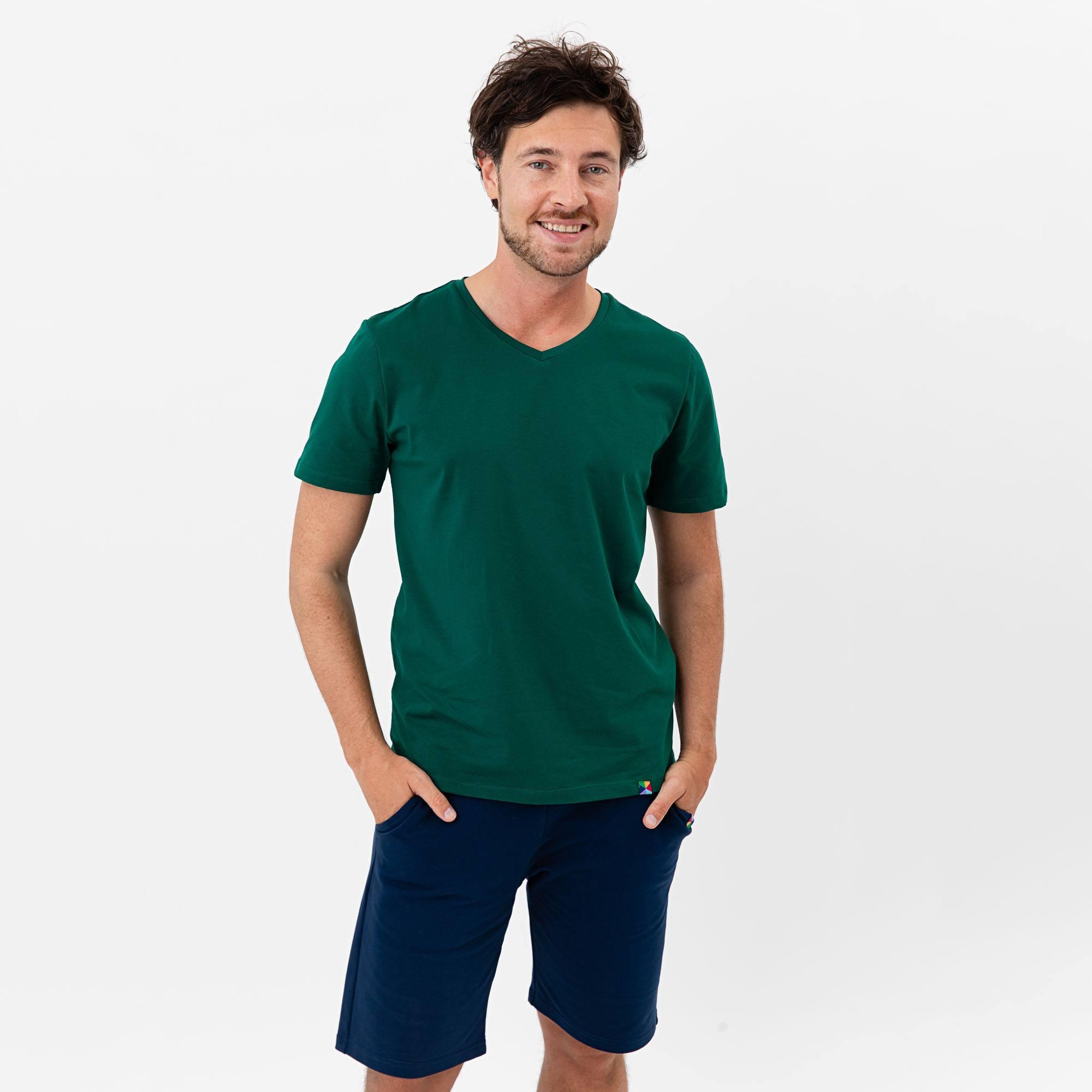 Butelkowozielony T-shirt w serek męski