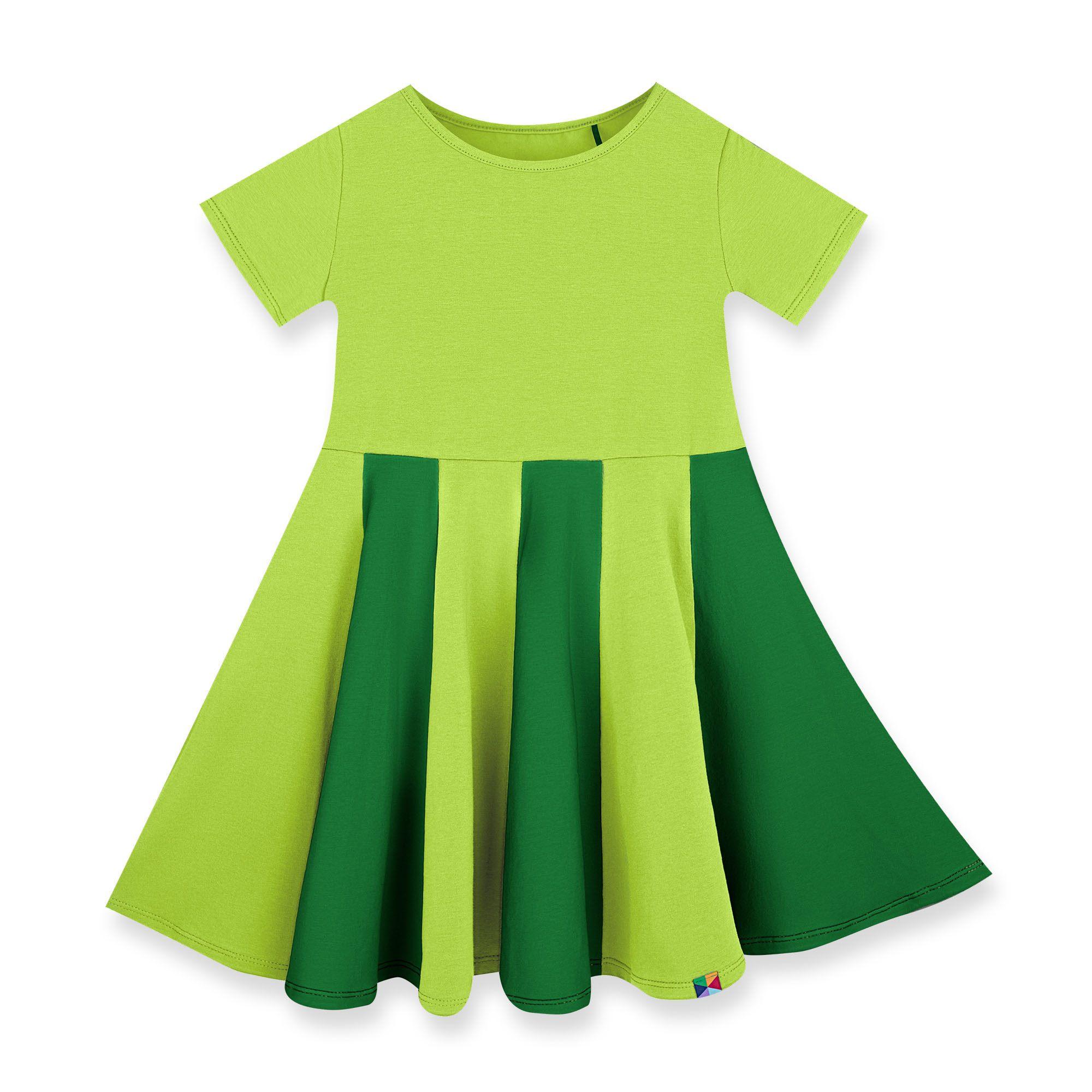 Limonkowo-zielona sukiena z kolorową falbaną