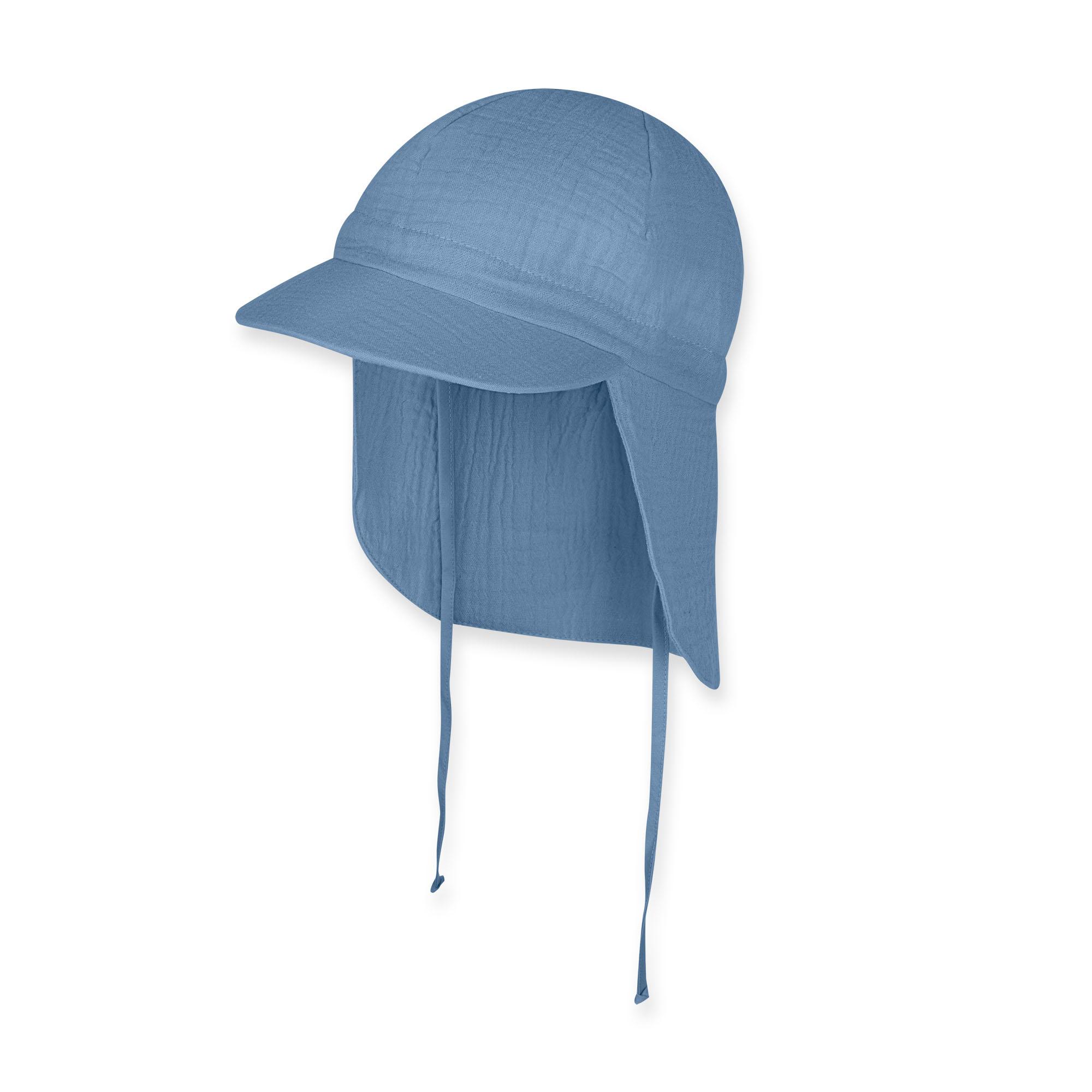 Błękitna czapka z okapem muślinowa niemowlęca