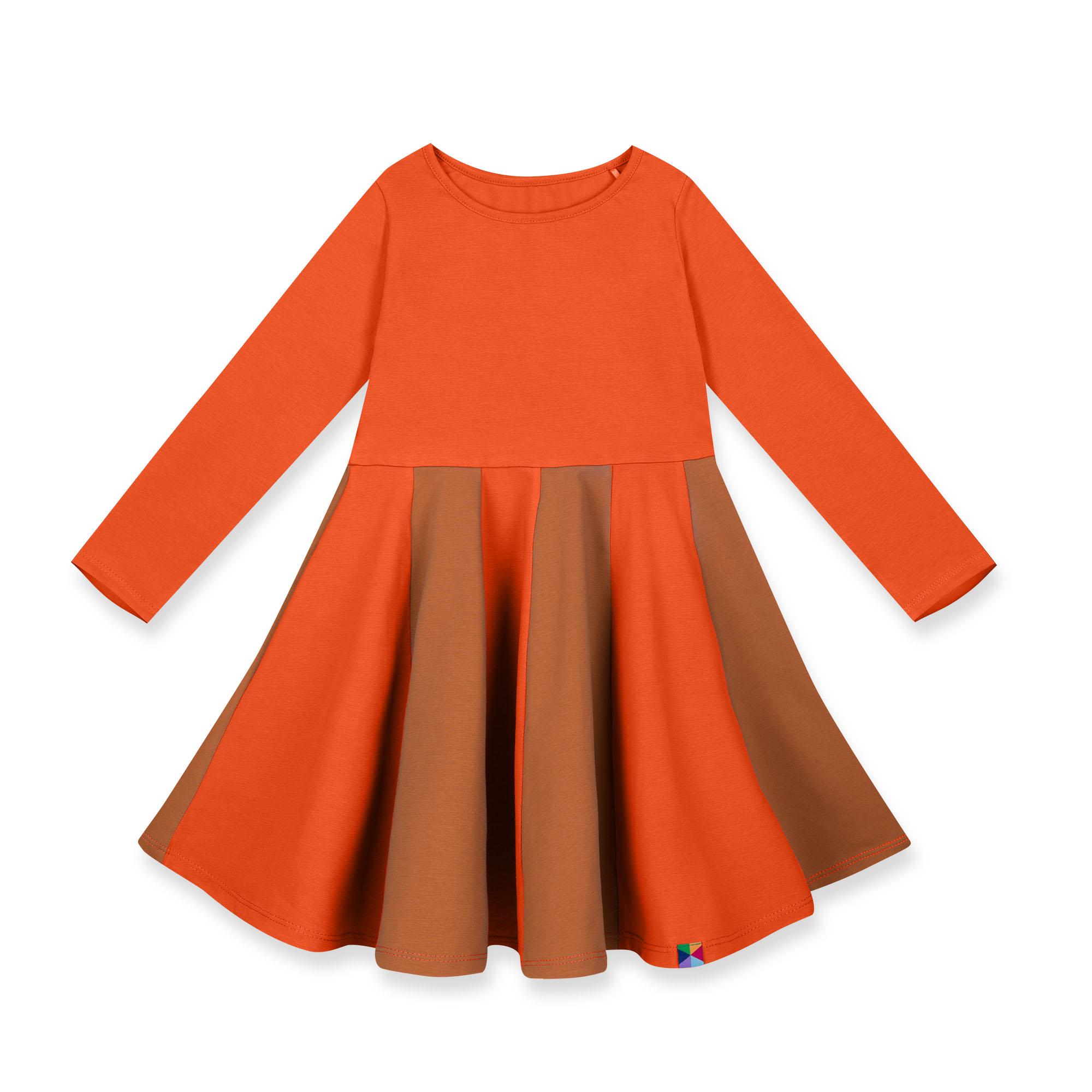 Pomarańczowo-karmelowa sukienka z kolorową falbaną