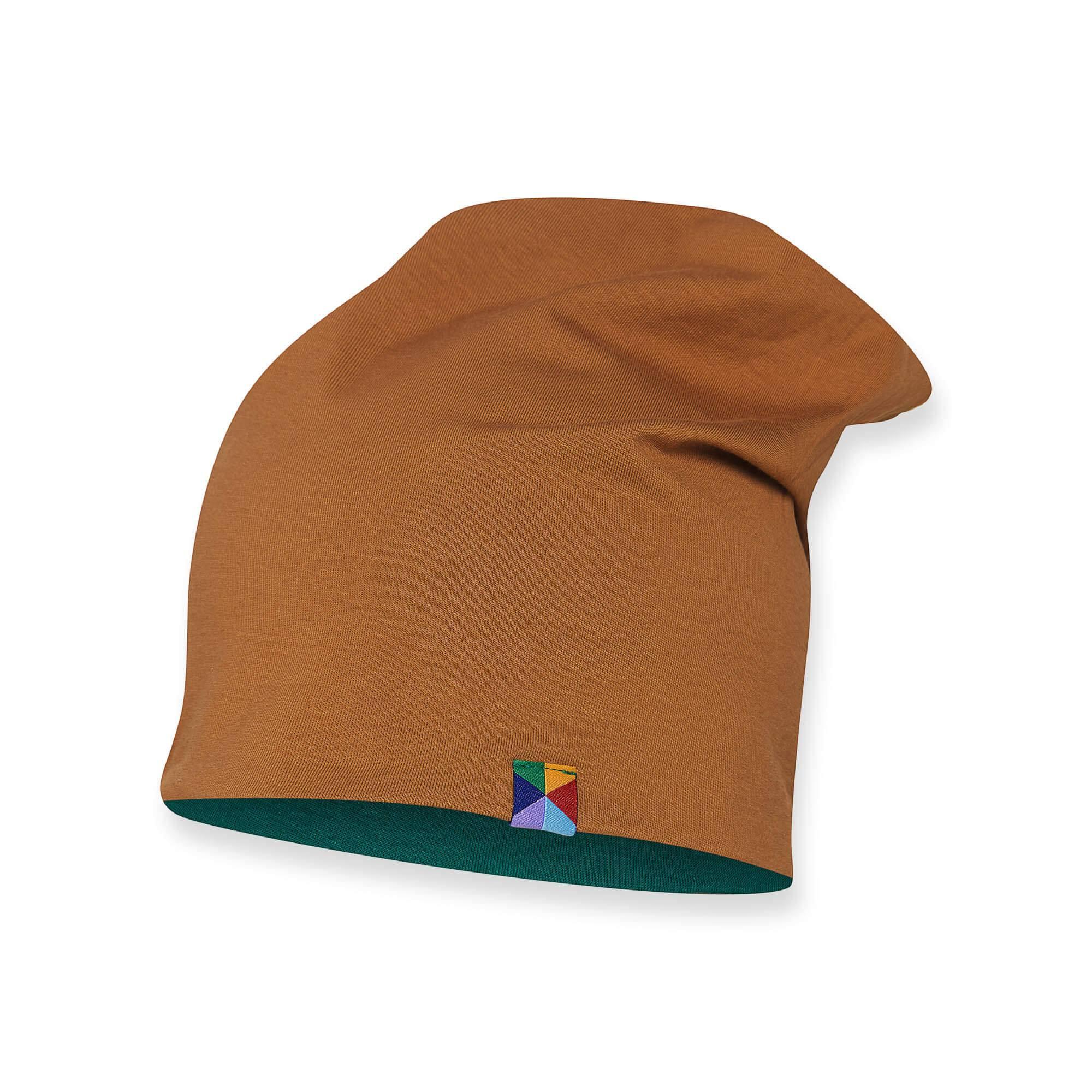Butelkowozielono-karmelowa czapka dwustronna