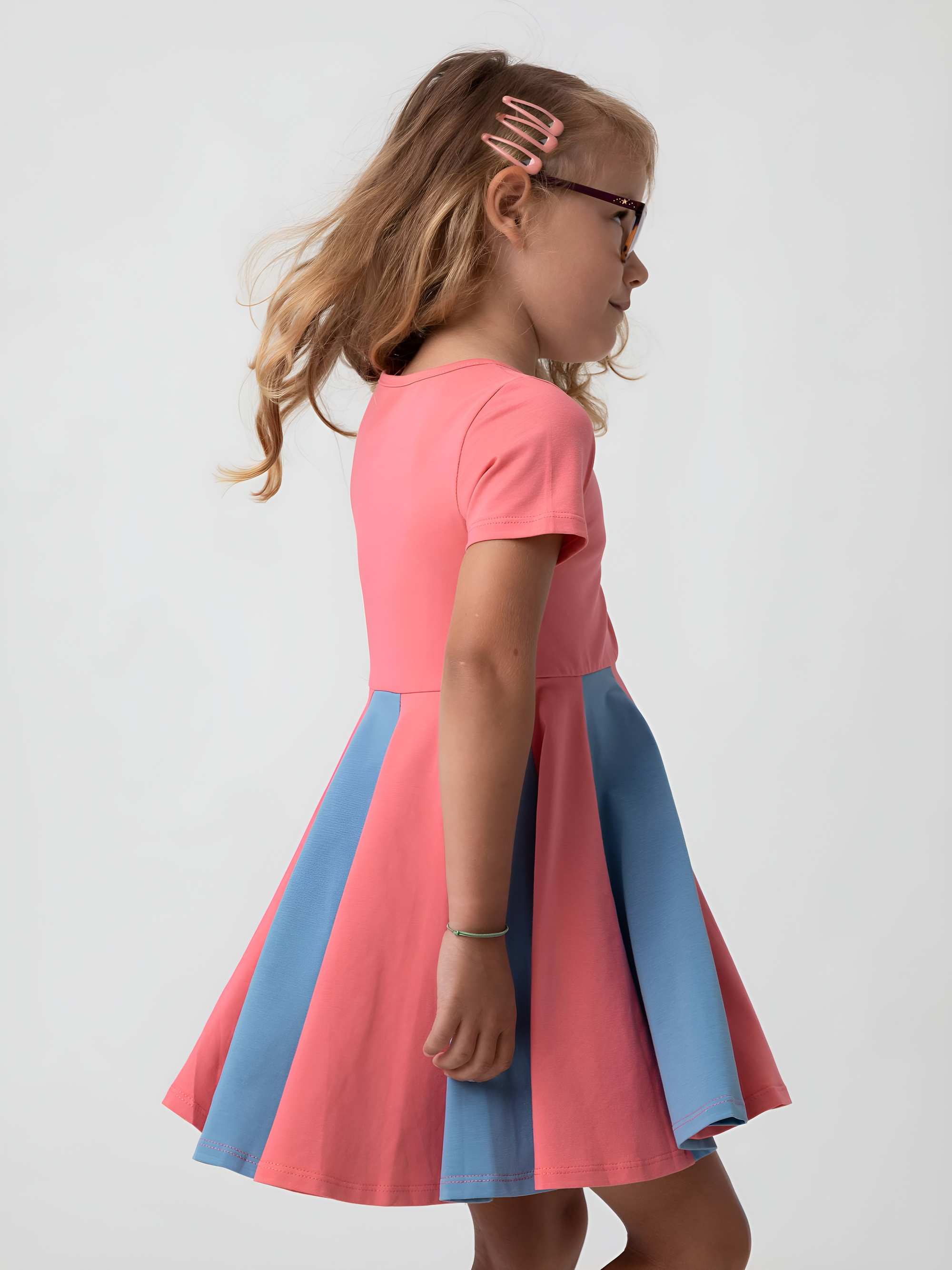 Coral - sky blue short sleeve dress with colorful ruffle