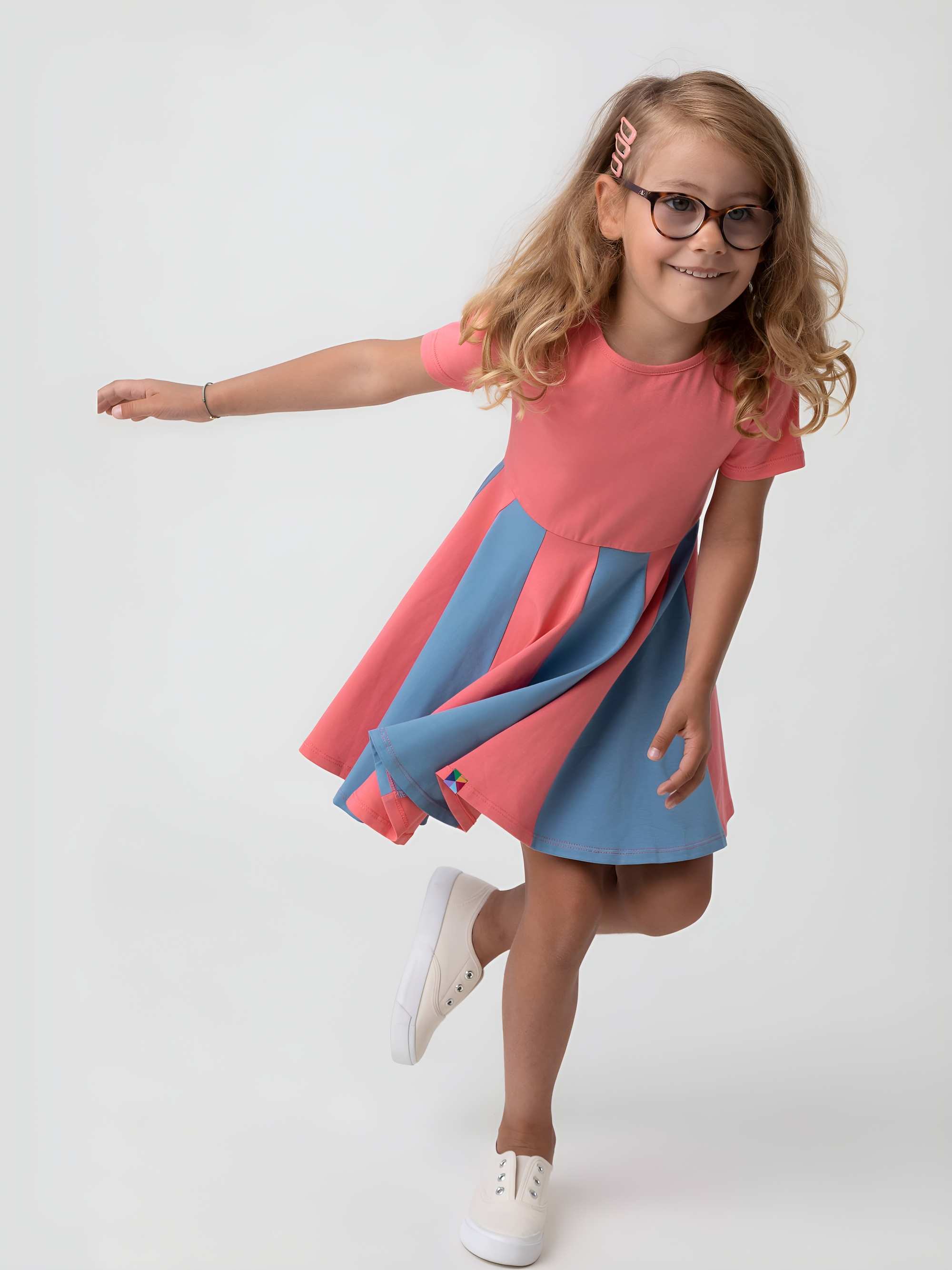 Coral - sky blue short sleeve dress with colorful ruffle