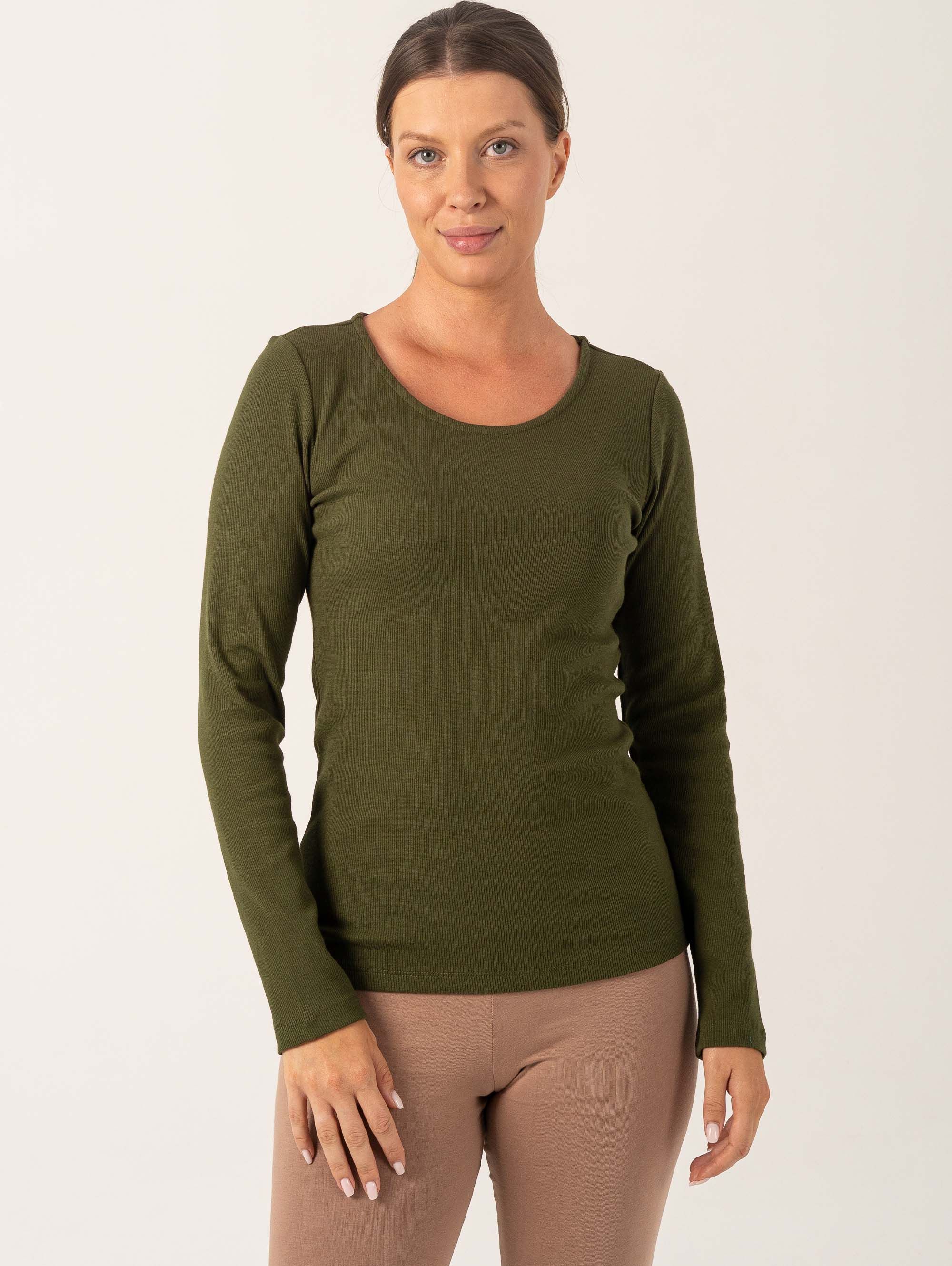 Khaki Ribbed Cotton Long-Sleeve Shirt Women