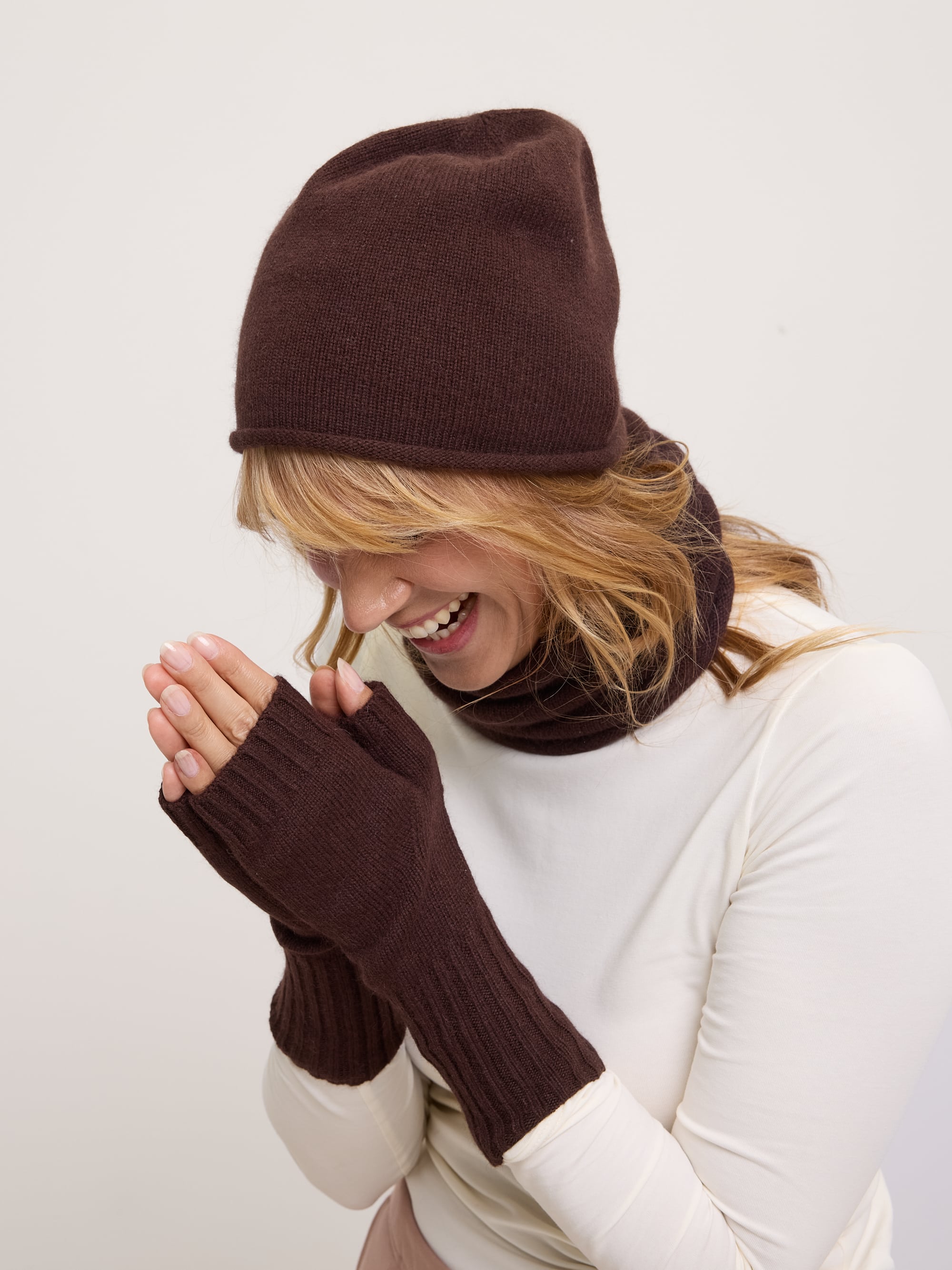 Brown Wool fingerless gloves with cashmere