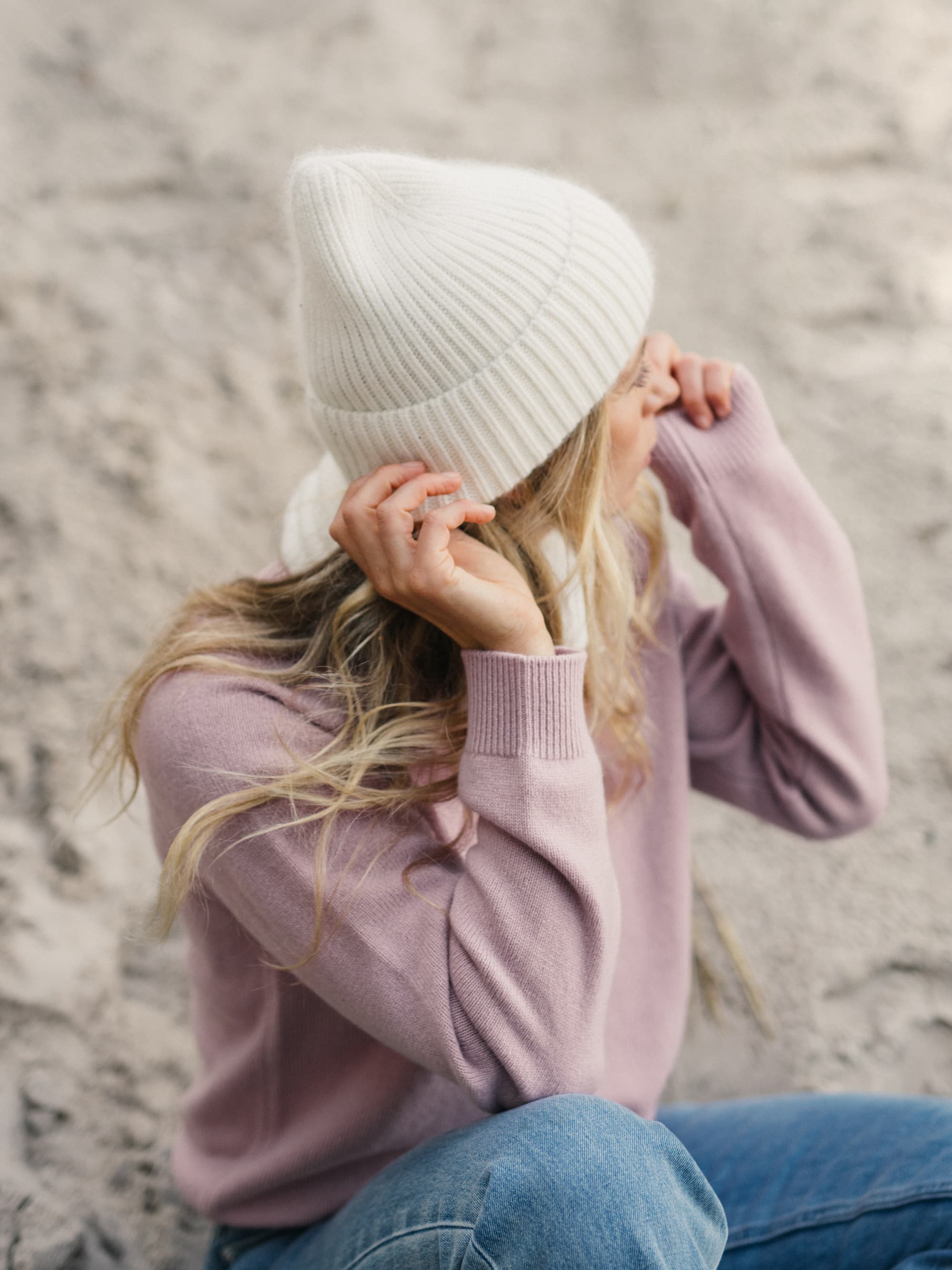 Cream white Chunky Knit Beanie with Cashmere
