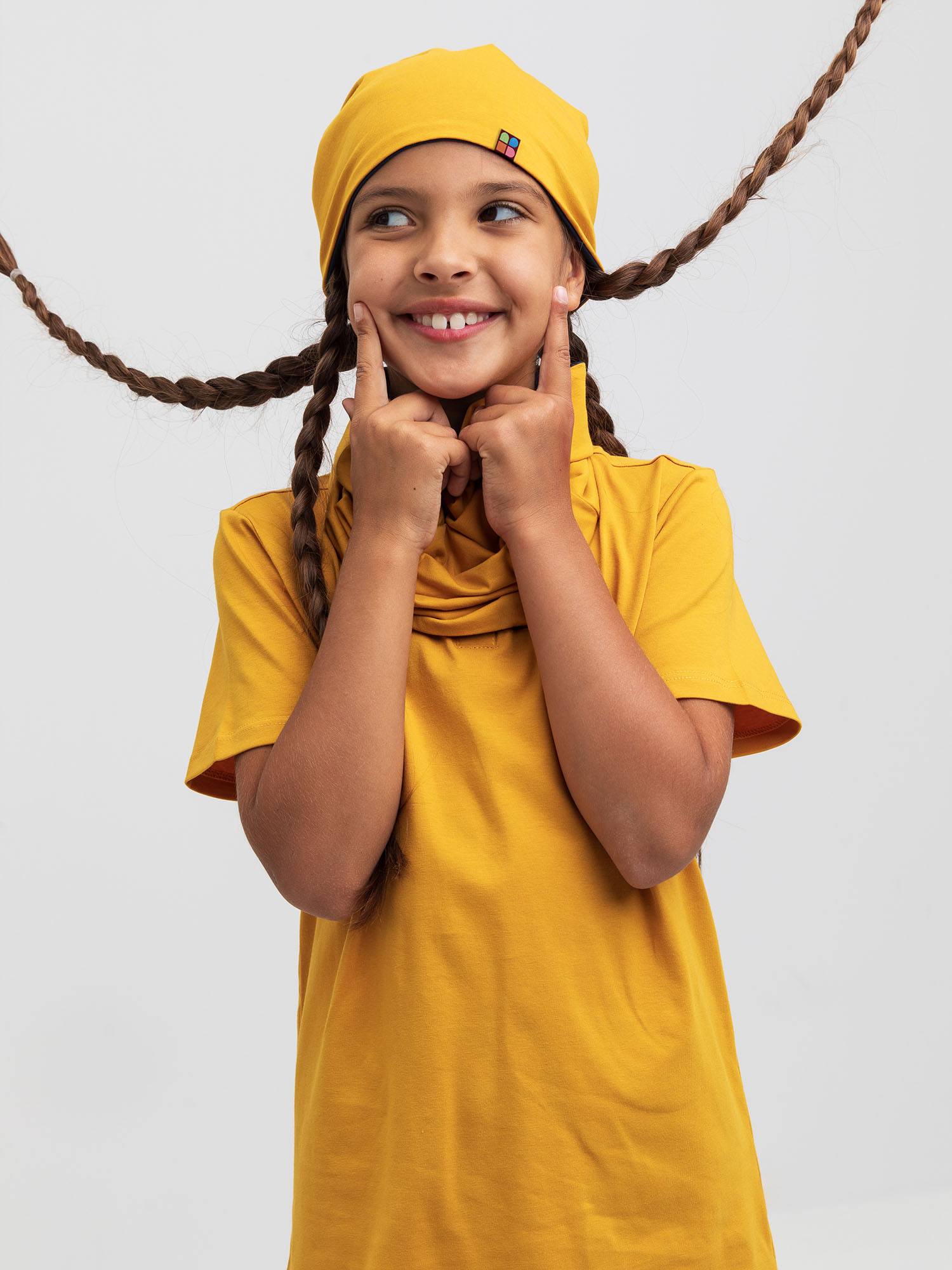 Mustard-navy blue Reversible Beanie & Neck Warmer Set Junior