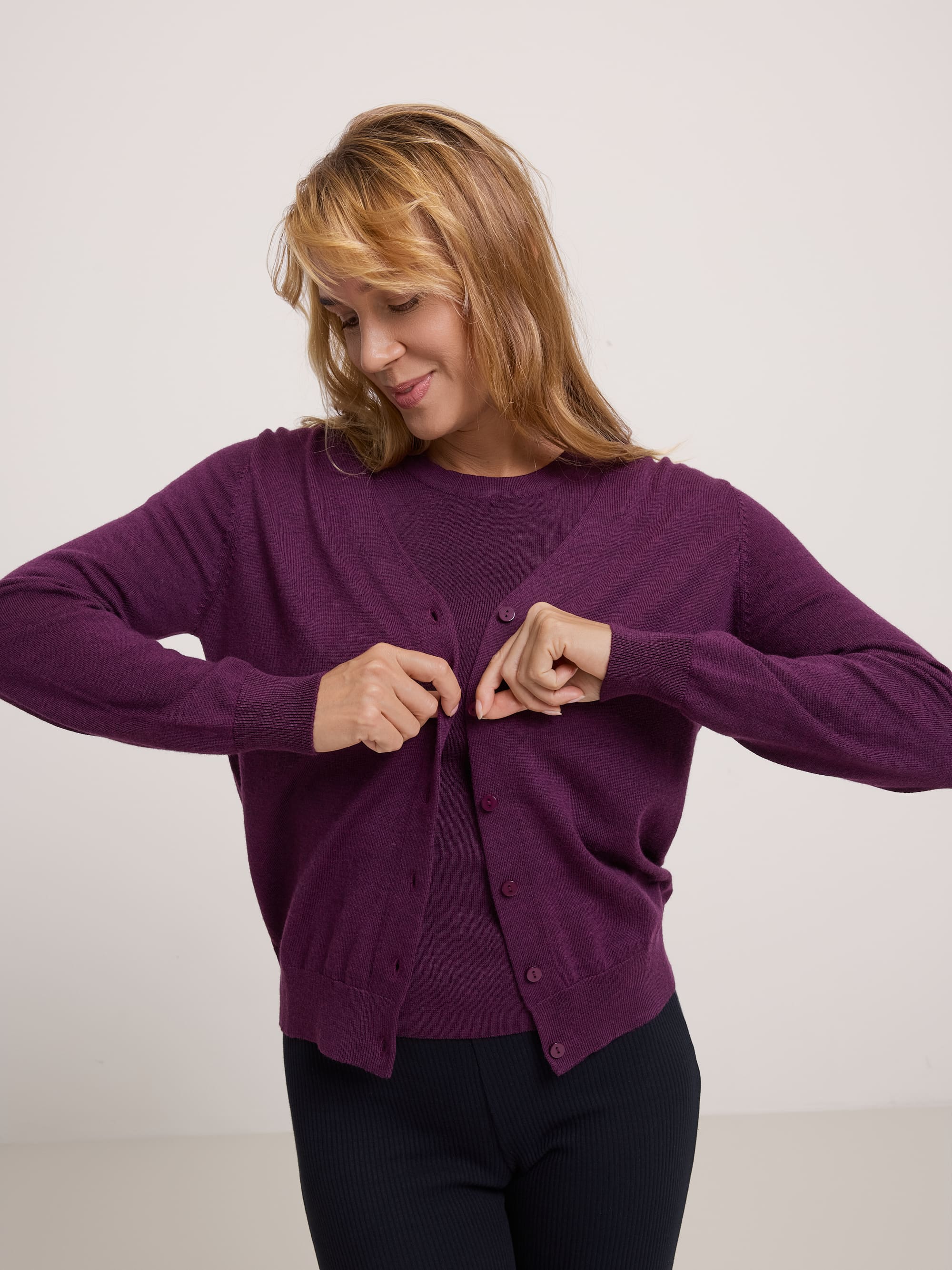 Aubergine Merino Wool Cardigan Sweater Women
