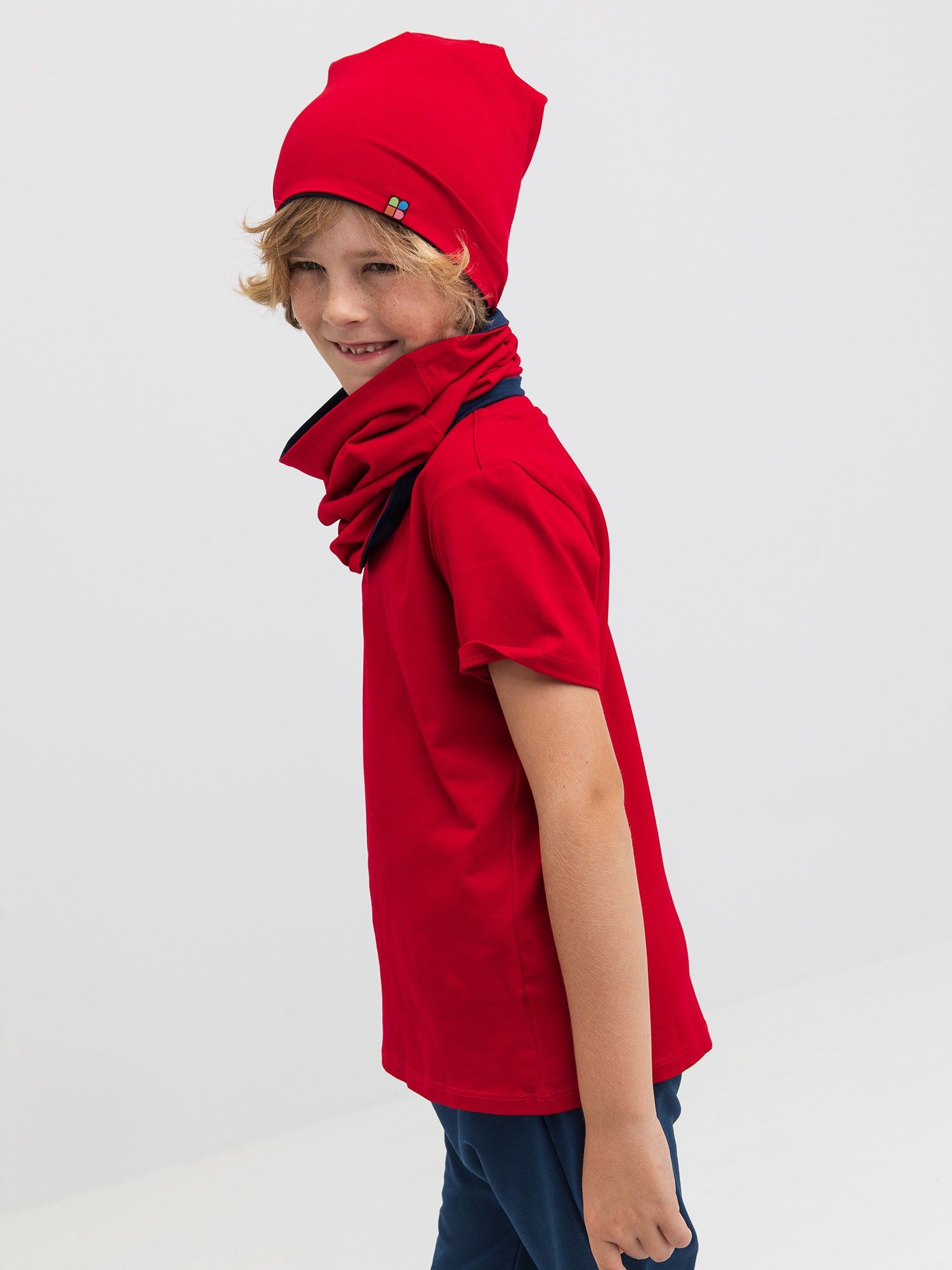 Red-navy blue Reversible Beanie & Neck Warmer Set Junior
