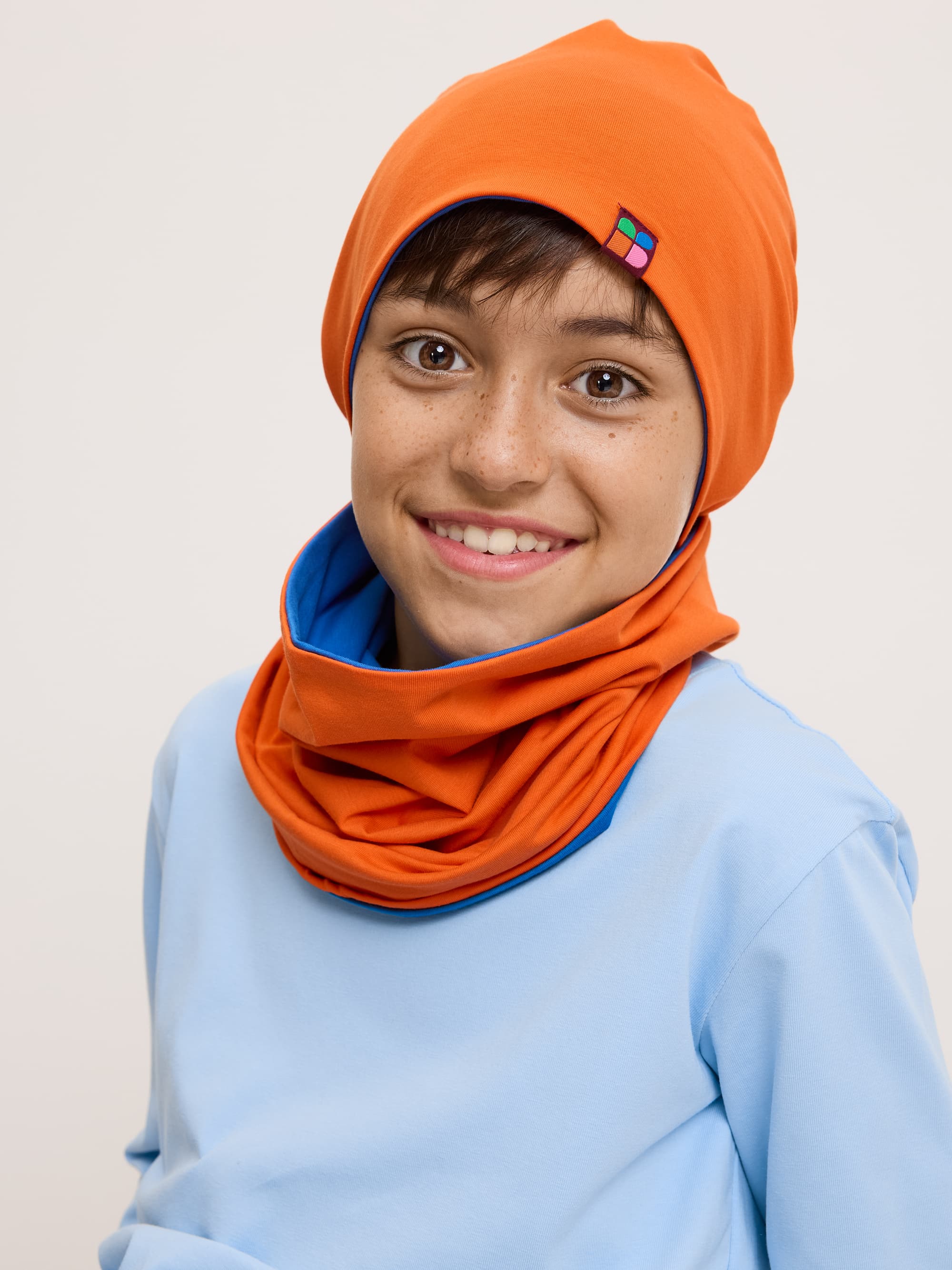 Orange-blue Reversible Beanie & Neck Warmer Set