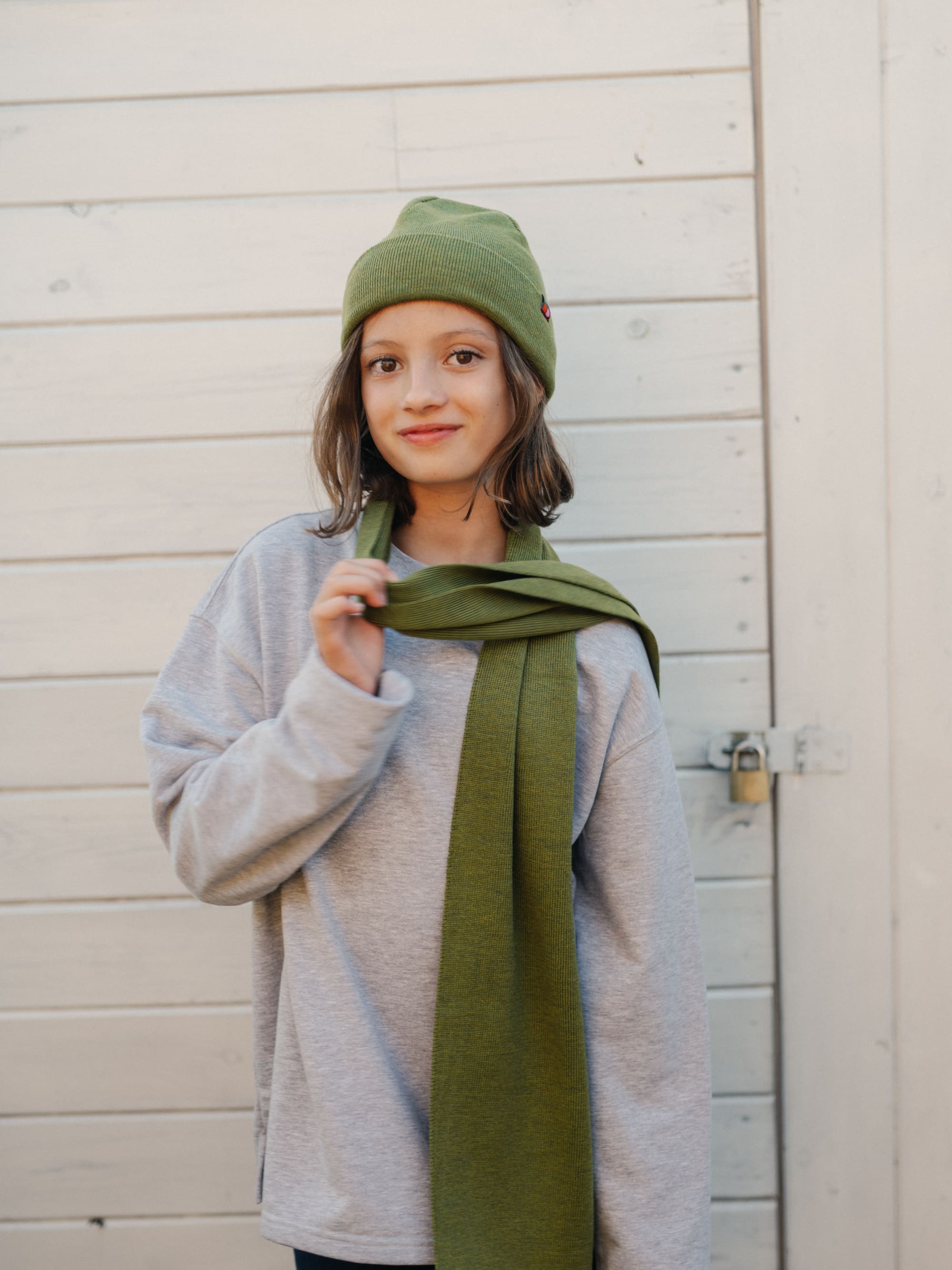 Green melange Fine knit merino wool scraf Kids
