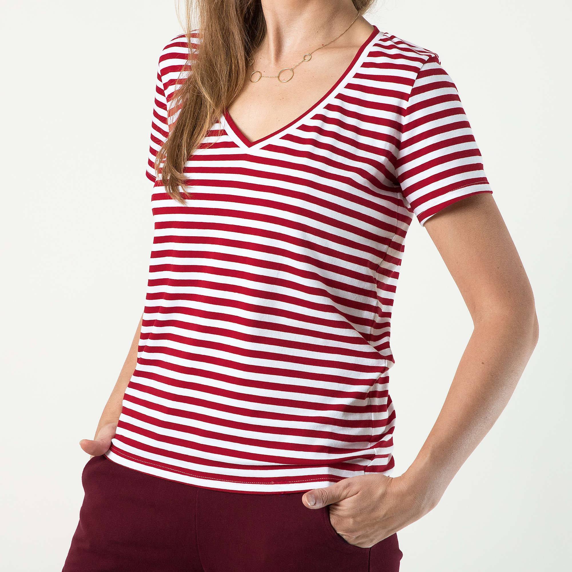 Czerwony T-shirt damski w paski