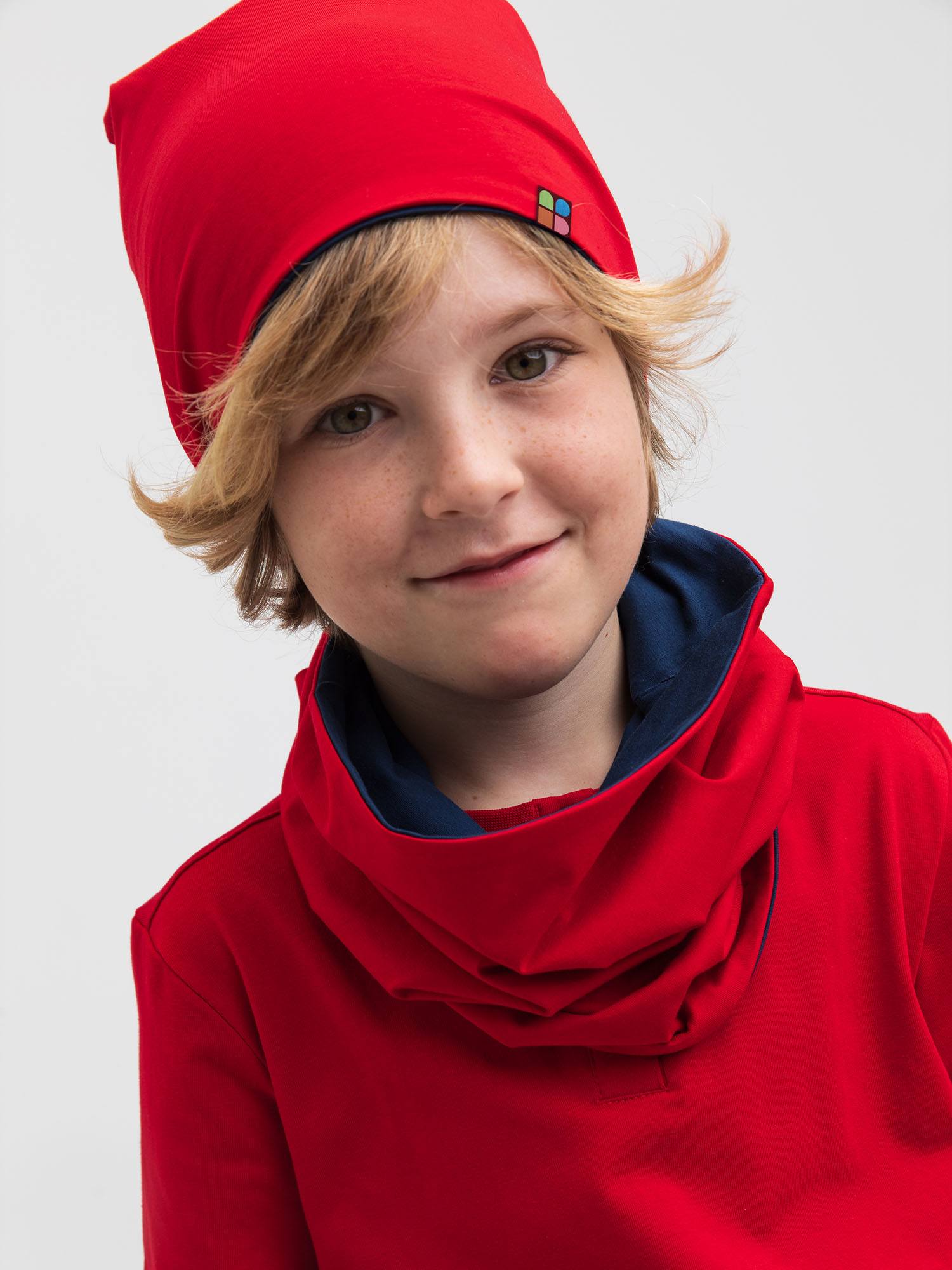Red-navy blue Reversible Beanie & Neck Warmer Set Junior