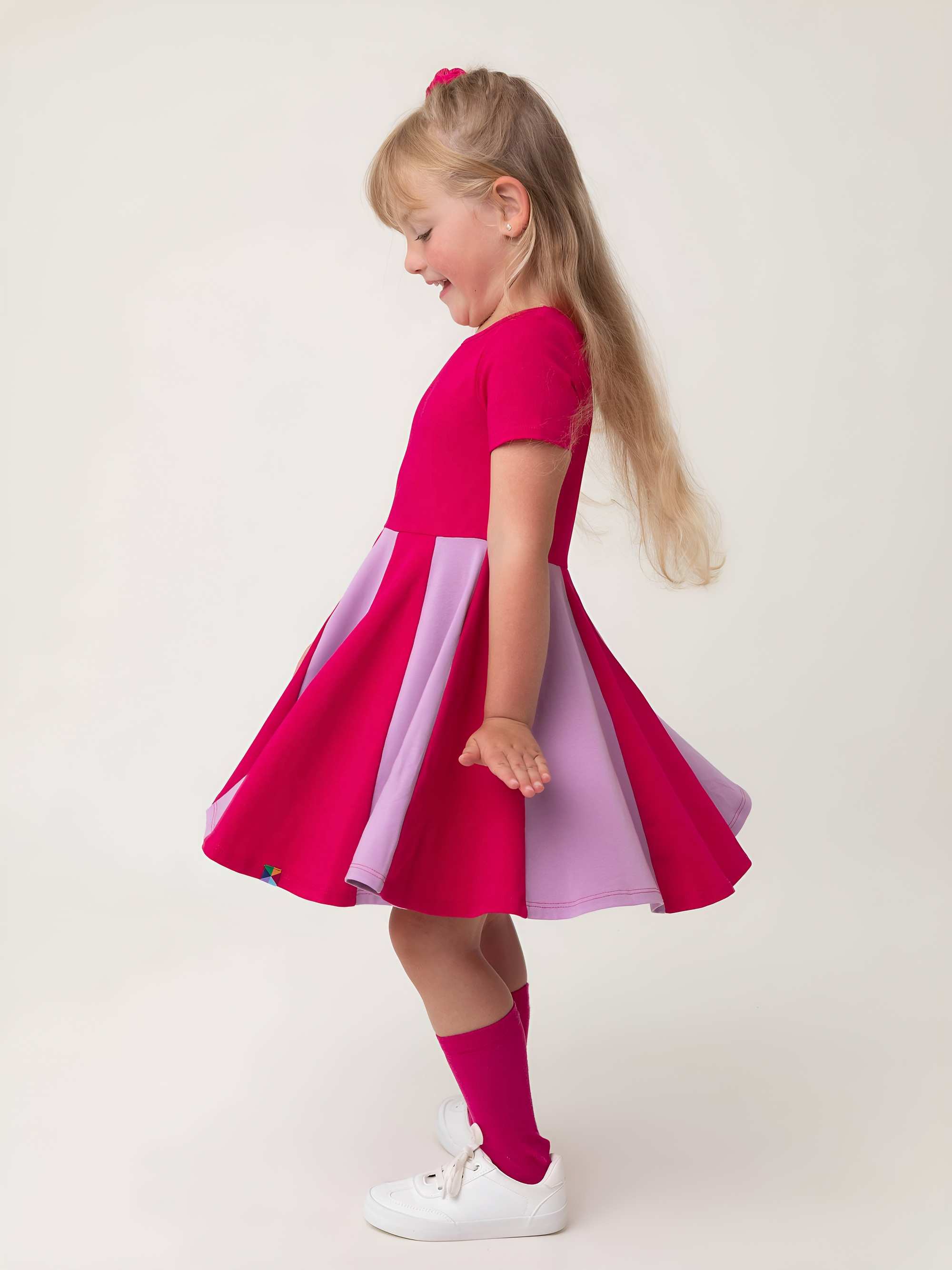 Pink - light purple short sleeve dress with colorful ruffle