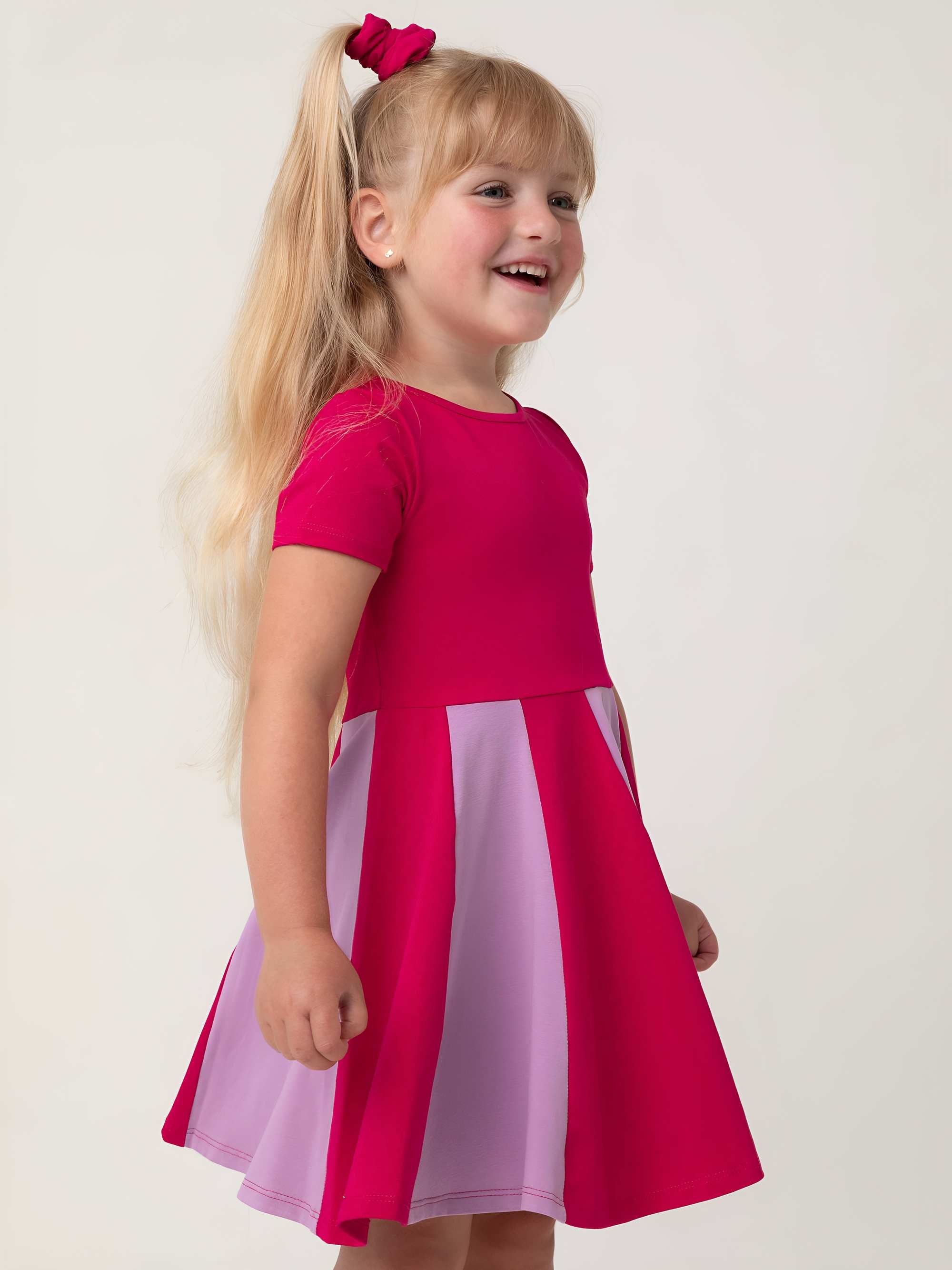 Pink - light purple short sleeve dress with colorful ruffle