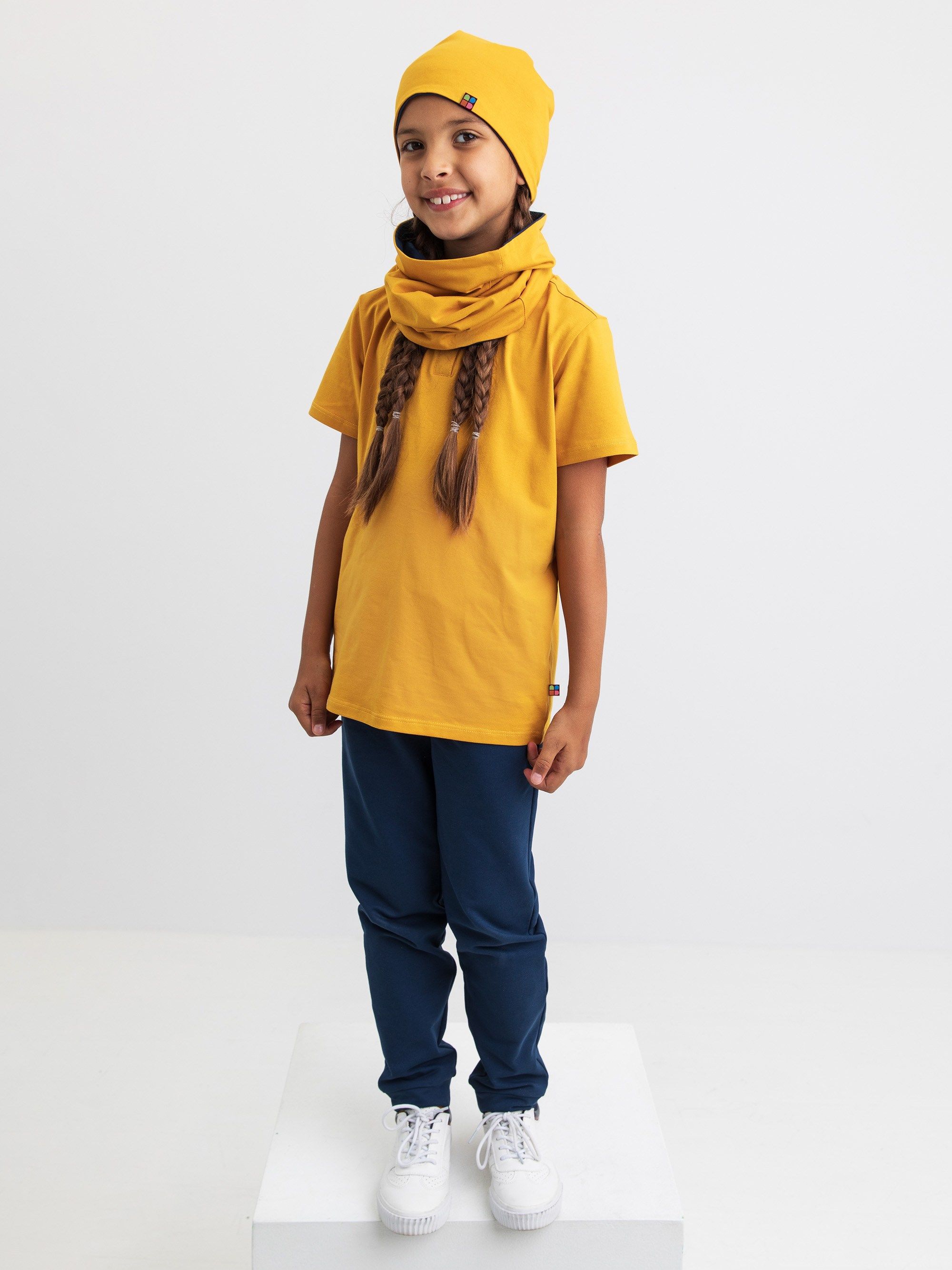 Mustard-navy blue Reversible Beanie & Neck Warmer Set Junior