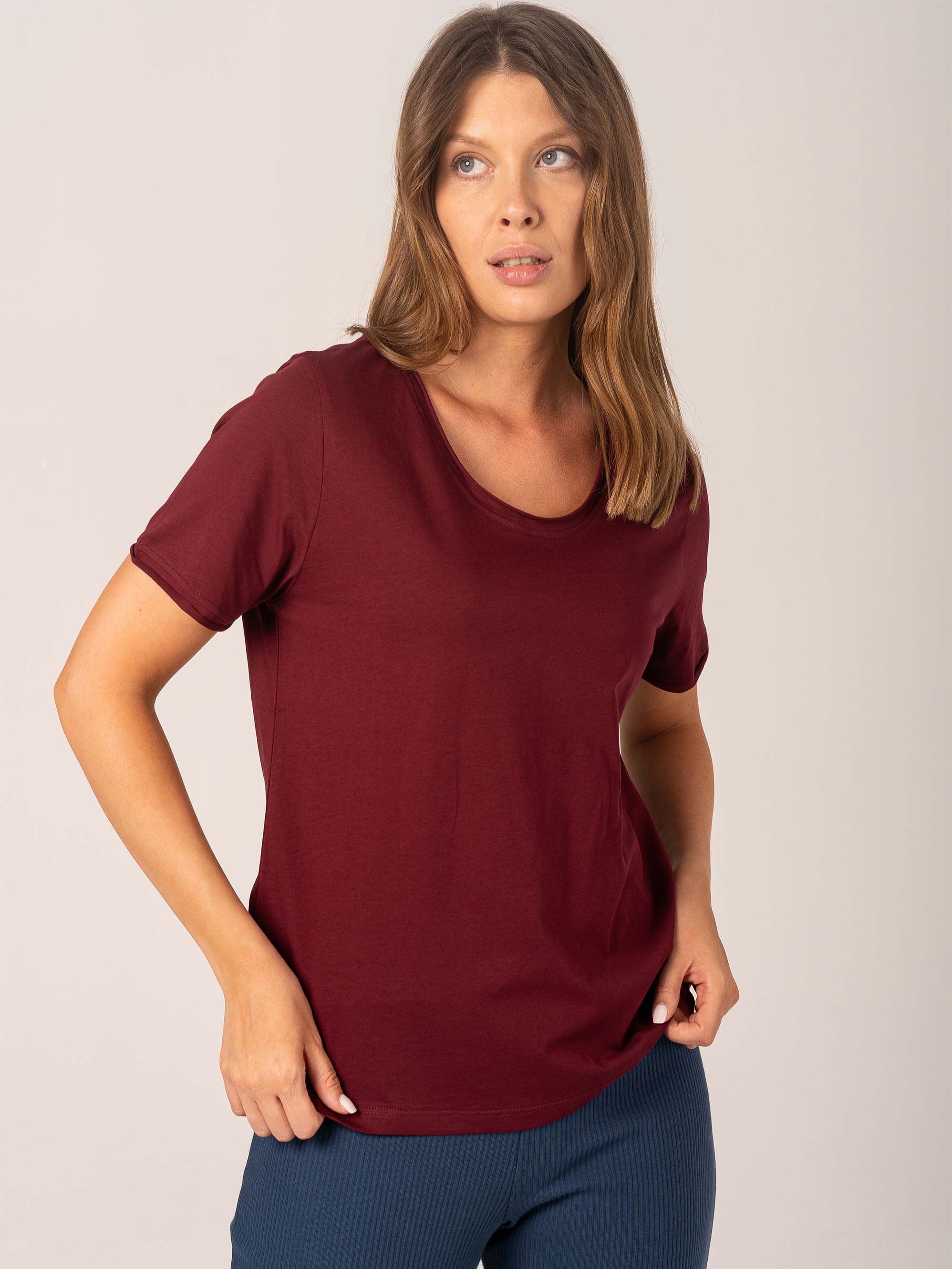 Bordowy T-shirt z cienkiej dzianiny damski