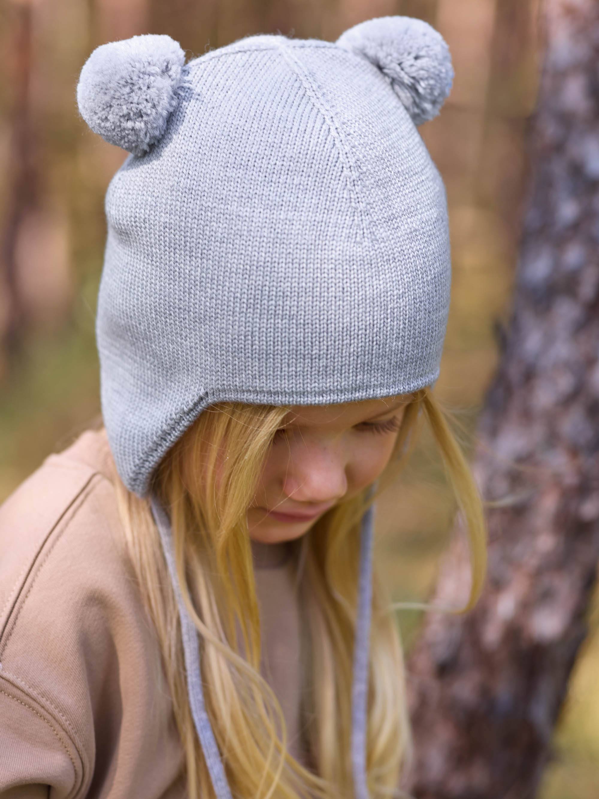 Szara czapka merino z uszkami niemowlęca