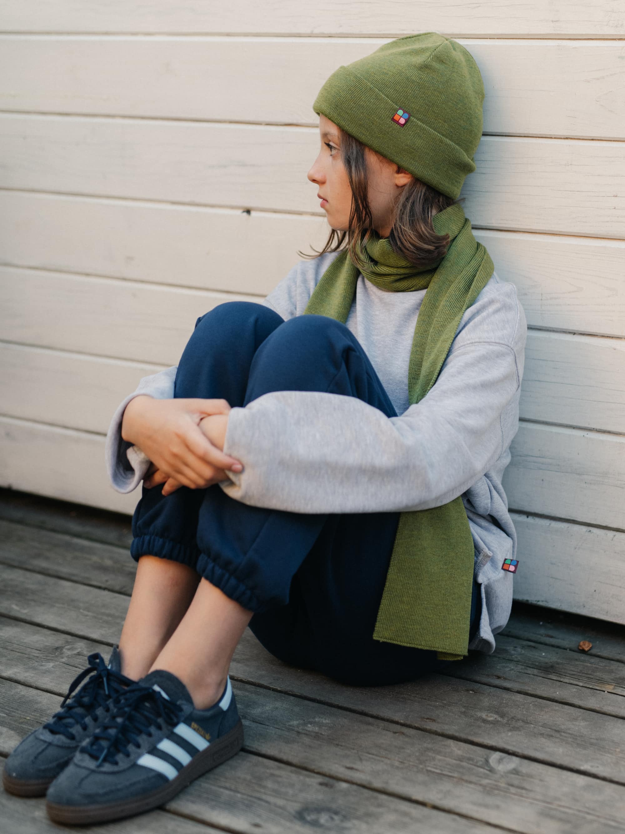 Green melange Fine knit merino wool scraf Kids