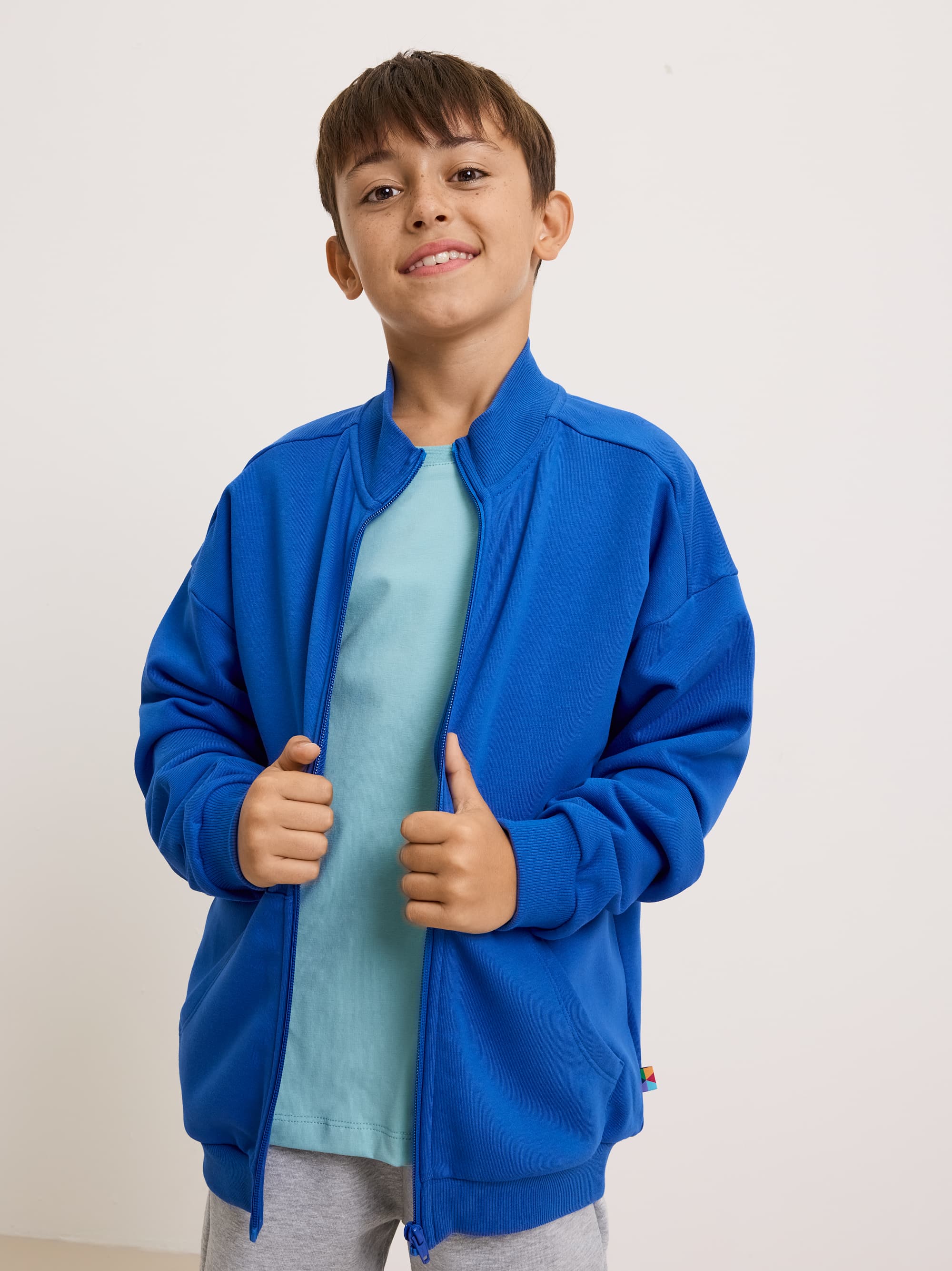 Blue Zip-up Sweatshirt with Stand Collar Junior