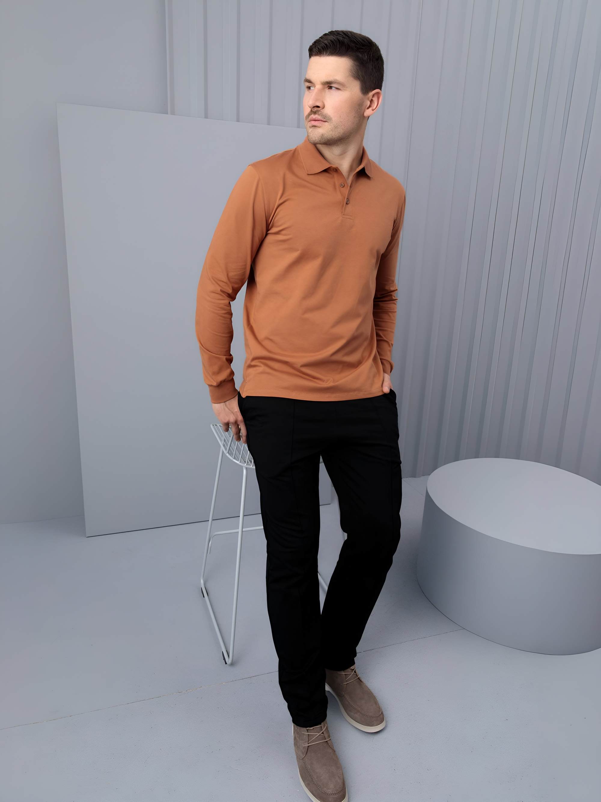 Karmelowa koszulka polo z długim rękawem męska