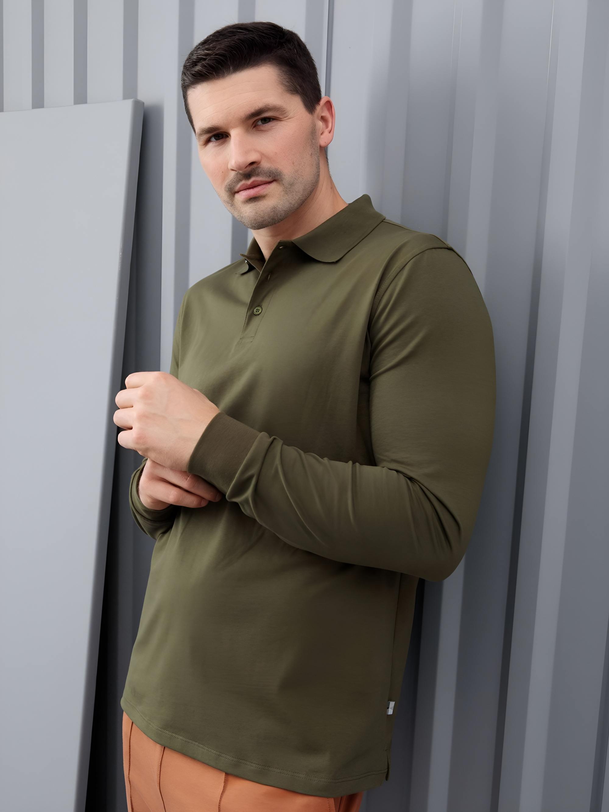 Khaki koszulka polo z długim rękawem męska
