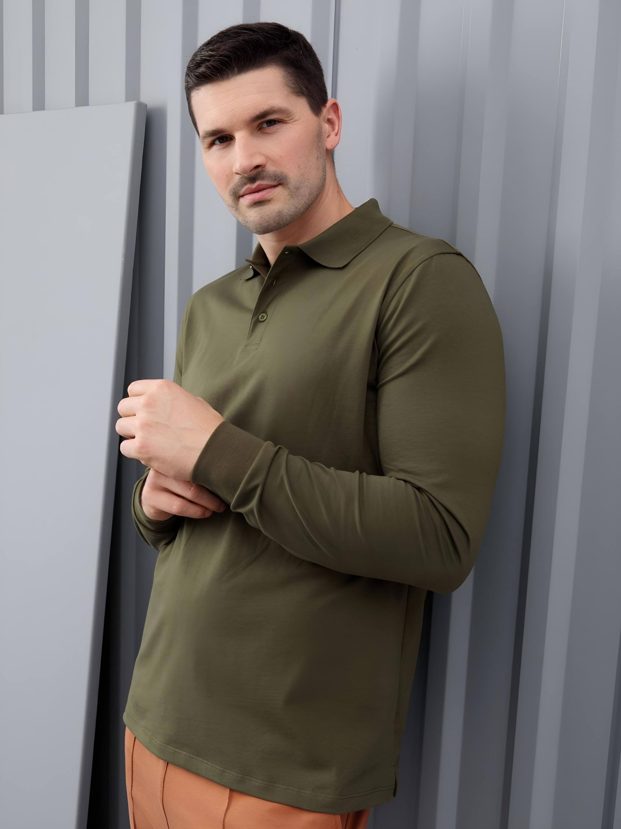 Khaki koszulka polo z długim rękawem męska