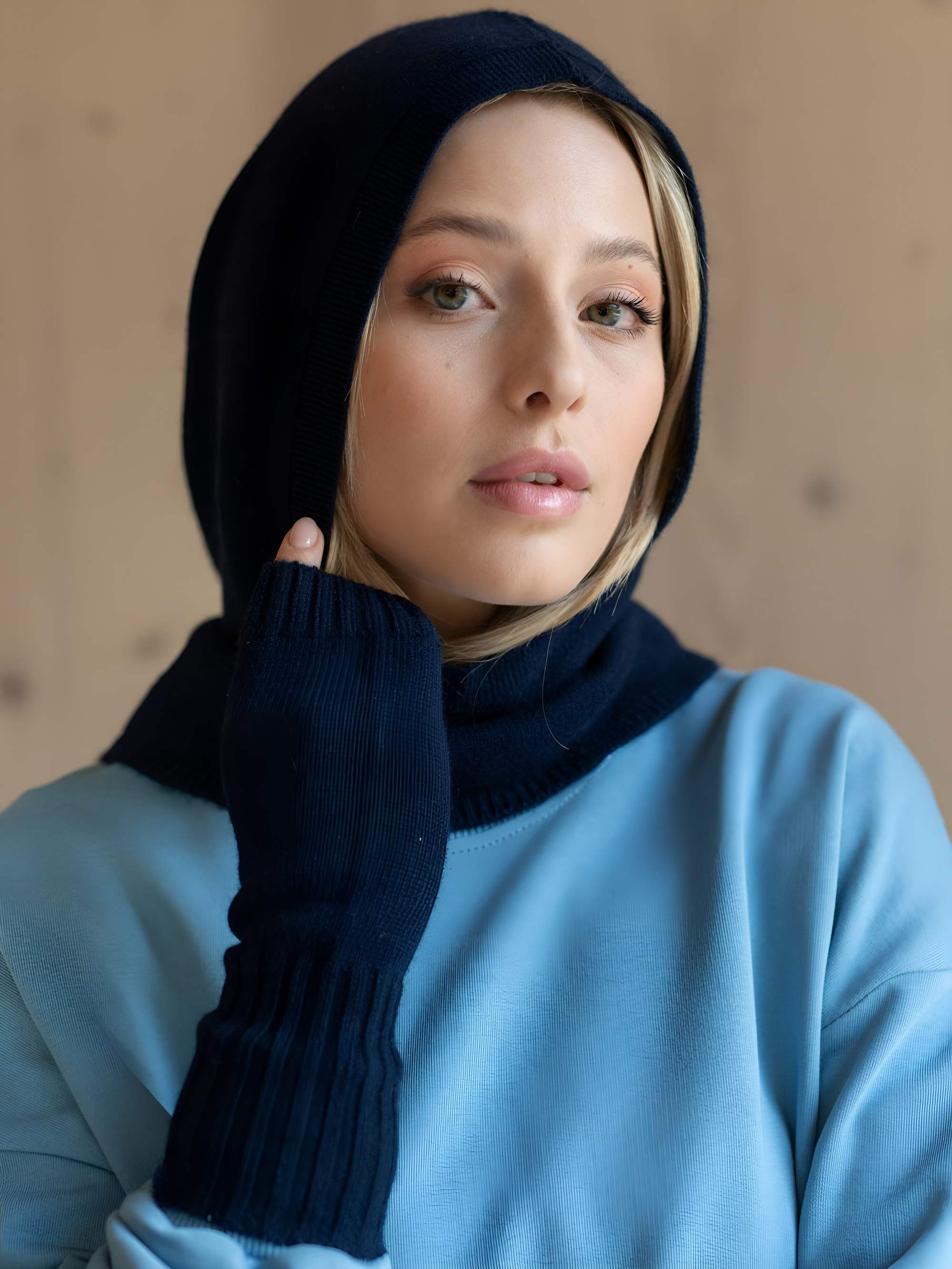 Navy blue cashmere wool balaclava with cashmere