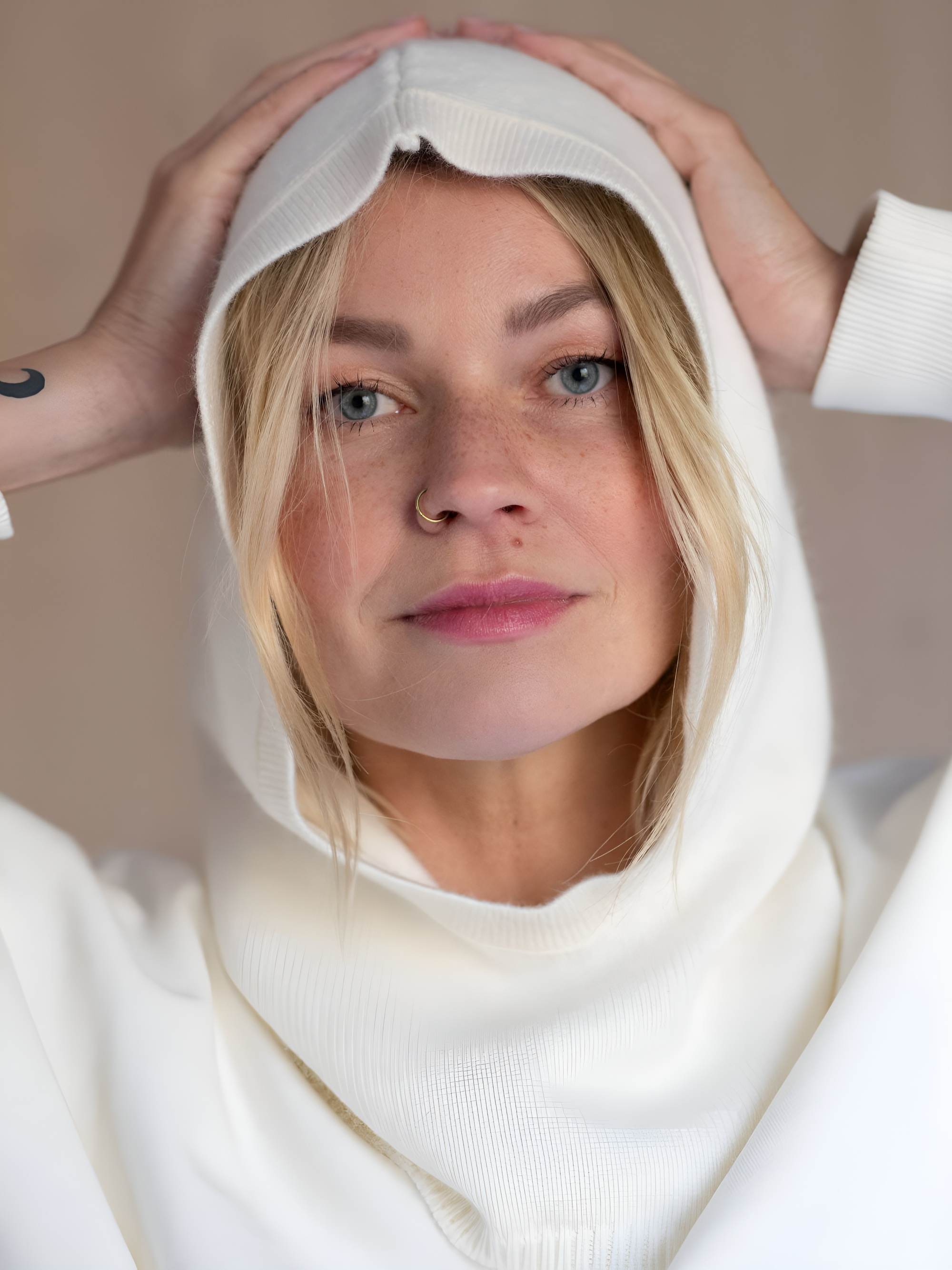 Cream white cashmere wool balaclava with cashmere