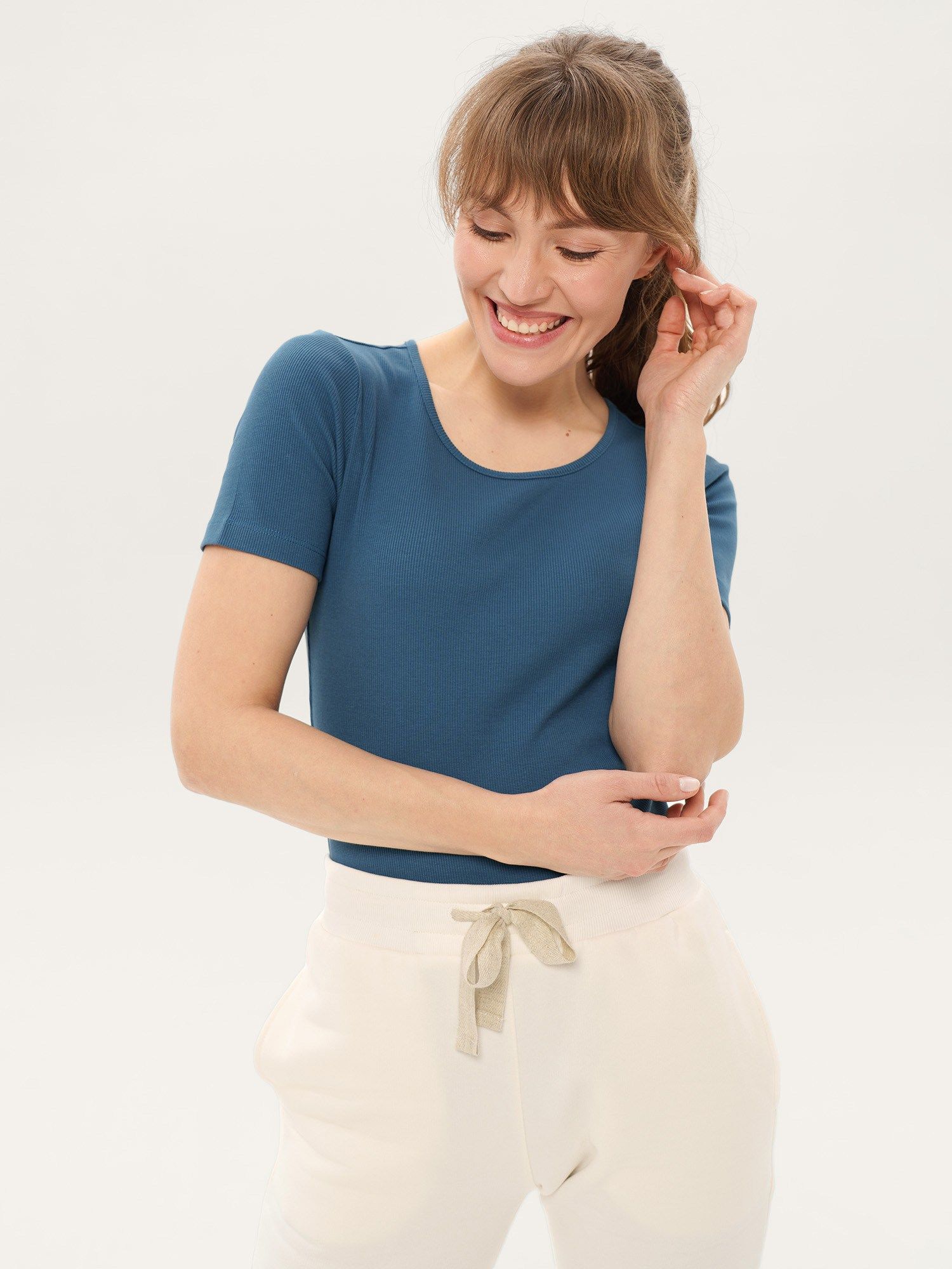 Dark Blue Ribbed Cotton T-Shirt with Short Sleeves Women