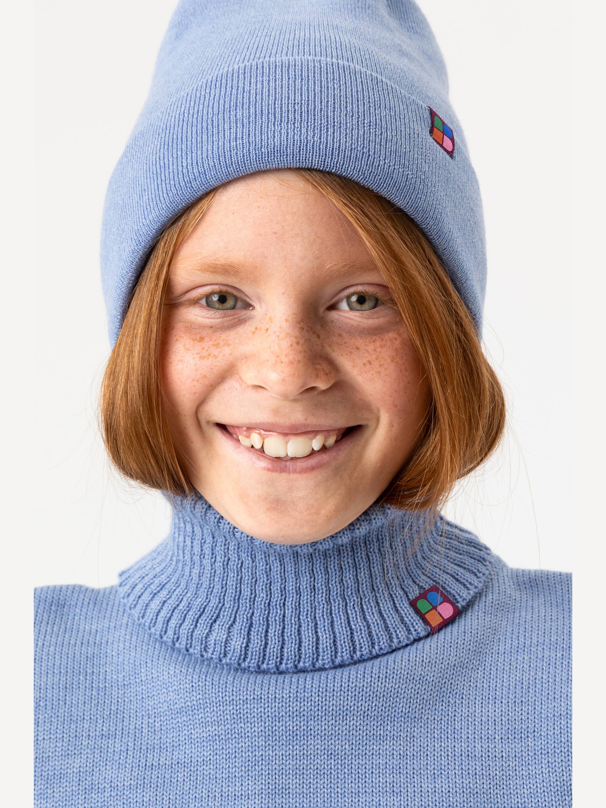 Sky blue fine knit merino wool cap kids