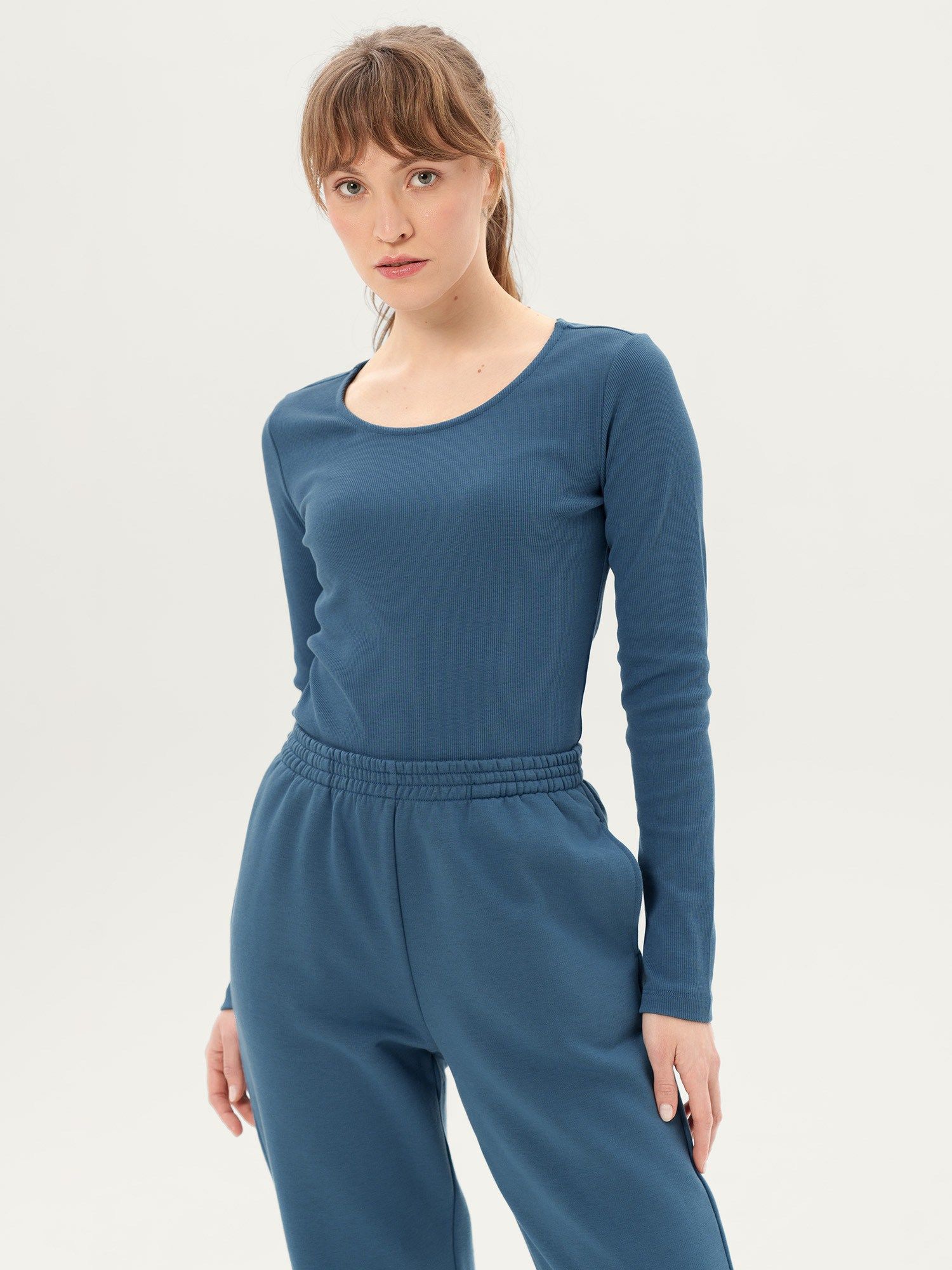 Dark blue Ribbed Cotton Long-Sleeve Shirt Women