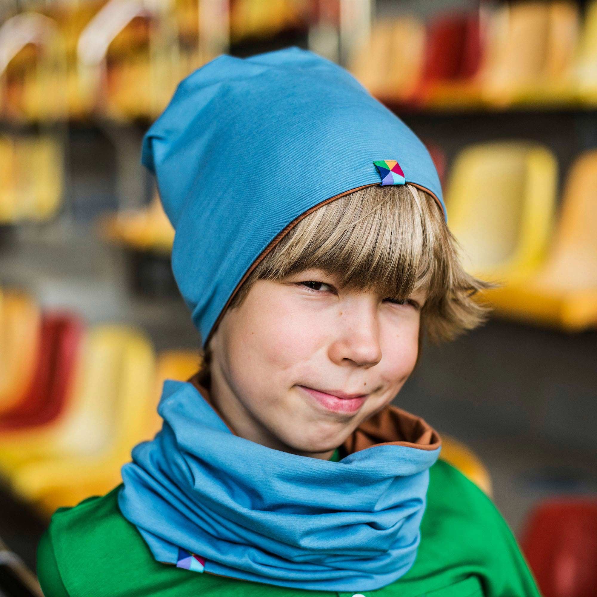 Sky blue - caramel reversible beanie hat