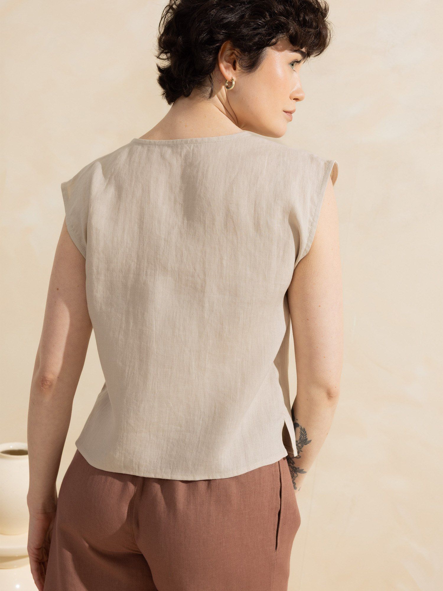 Sand Linen Button-Up Blouse Women