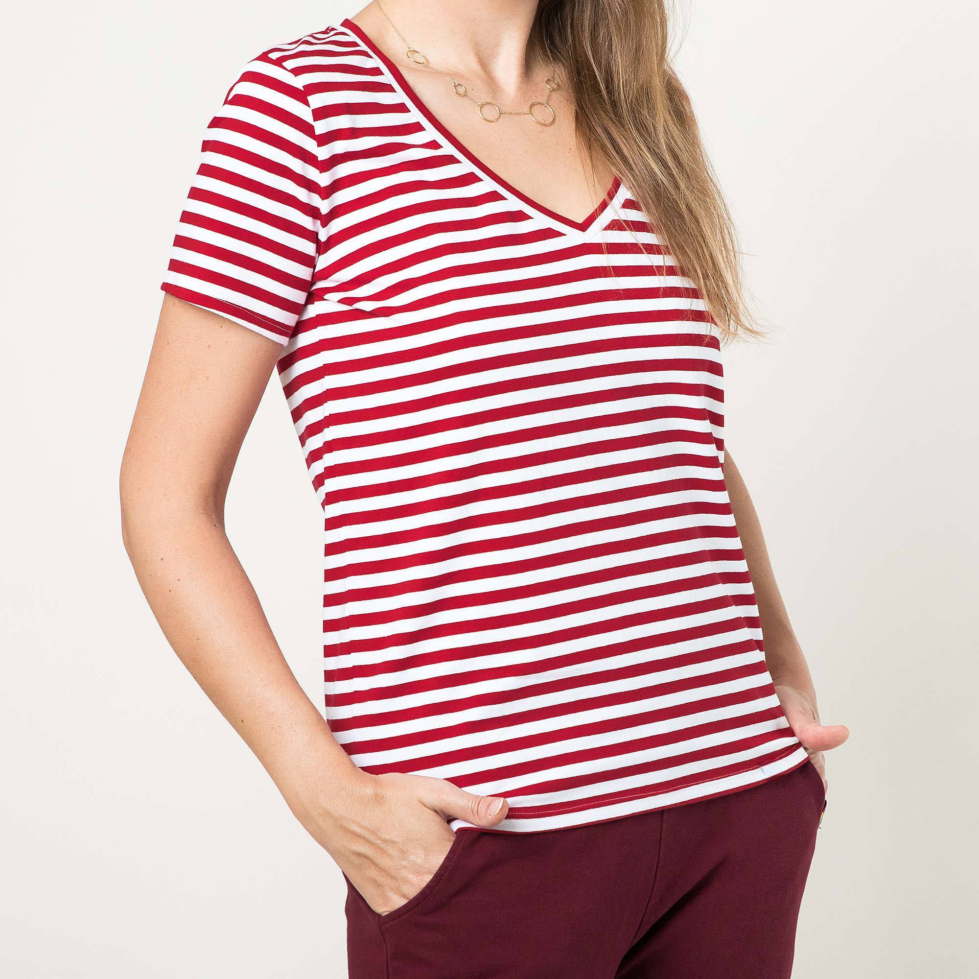 Czerwony T-shirt damski w paski