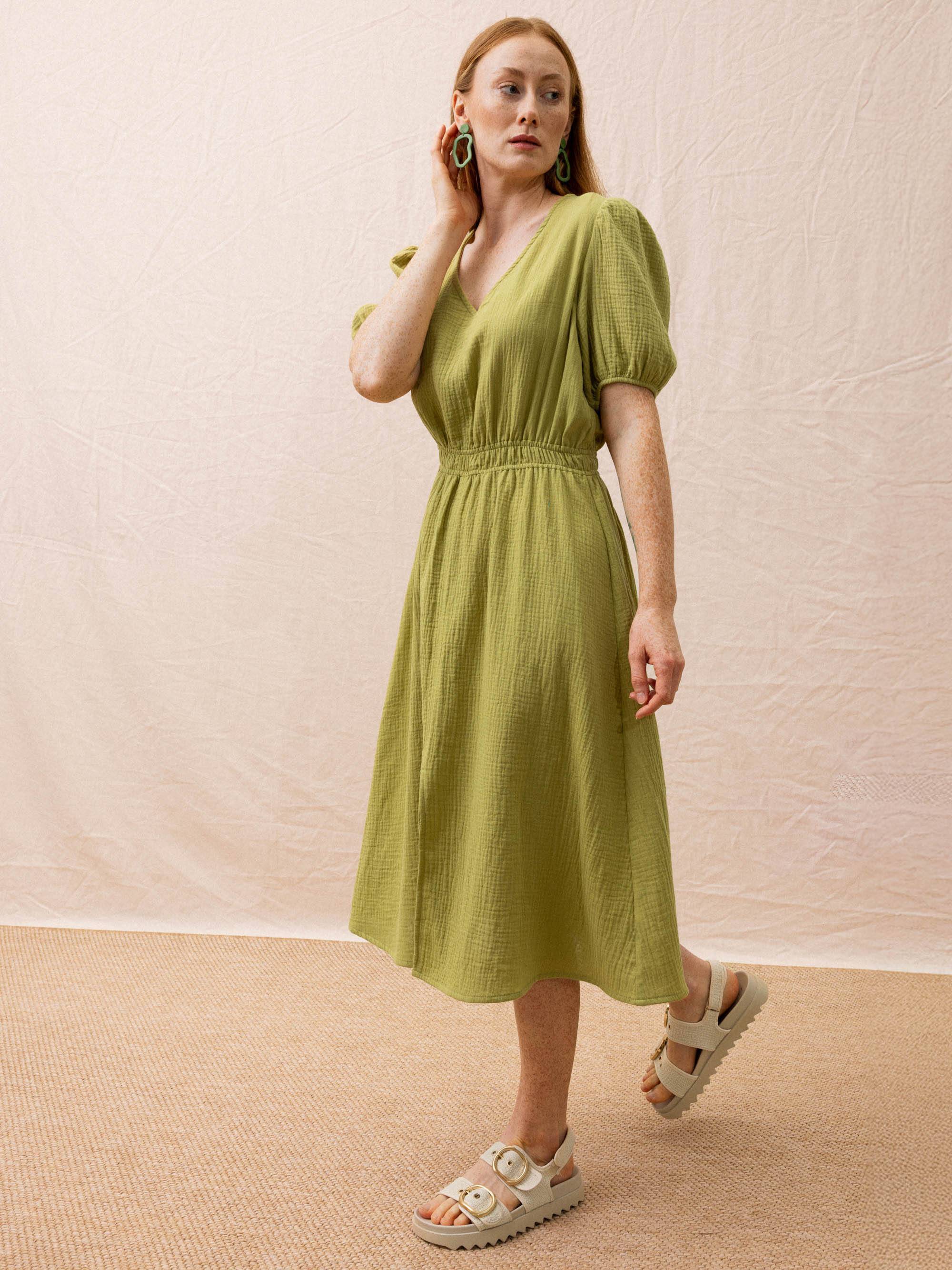 Pistachio muslin dress with puff sleeves Women