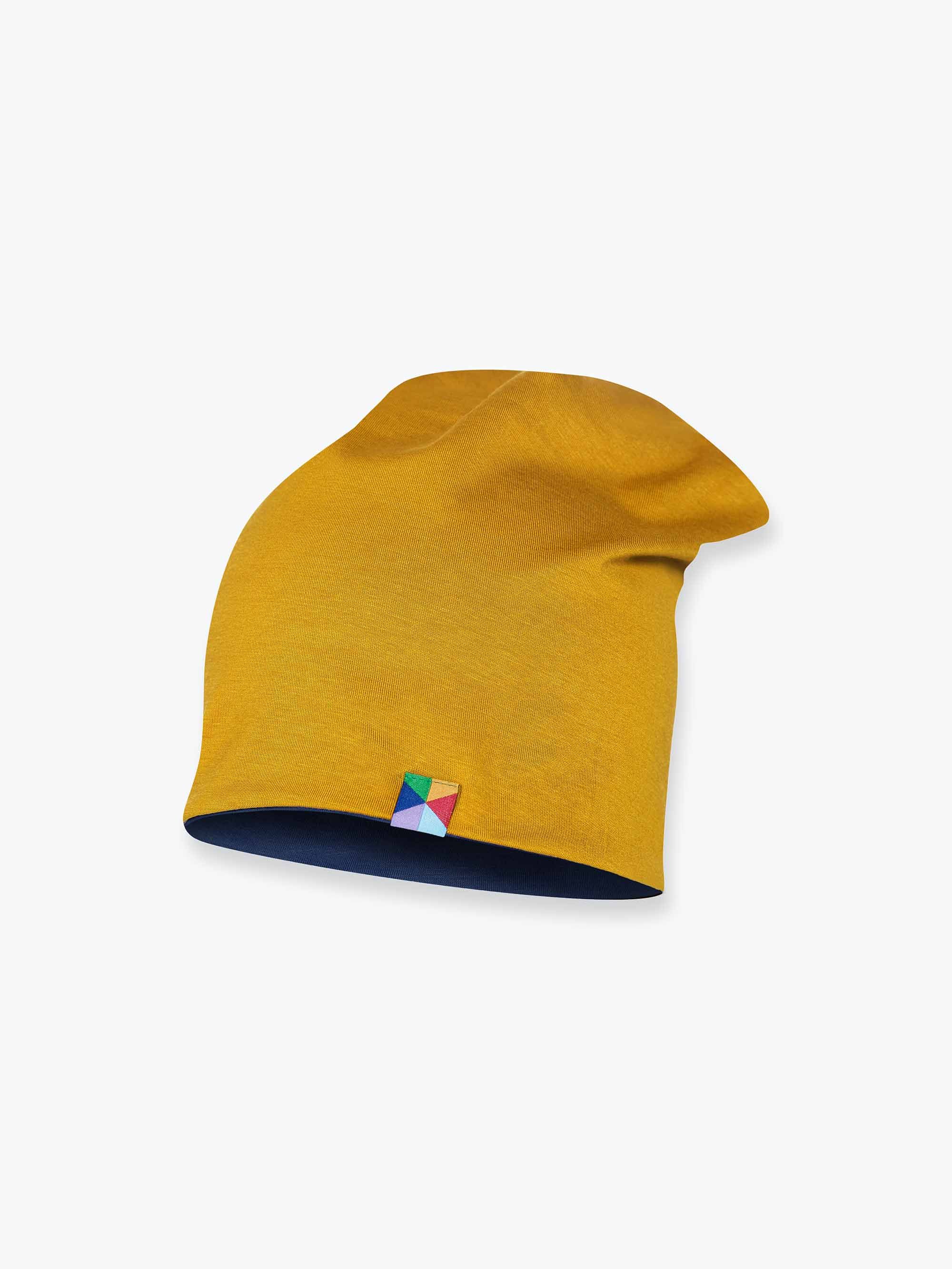Mustard - navy blue reversible beanie hat Junior