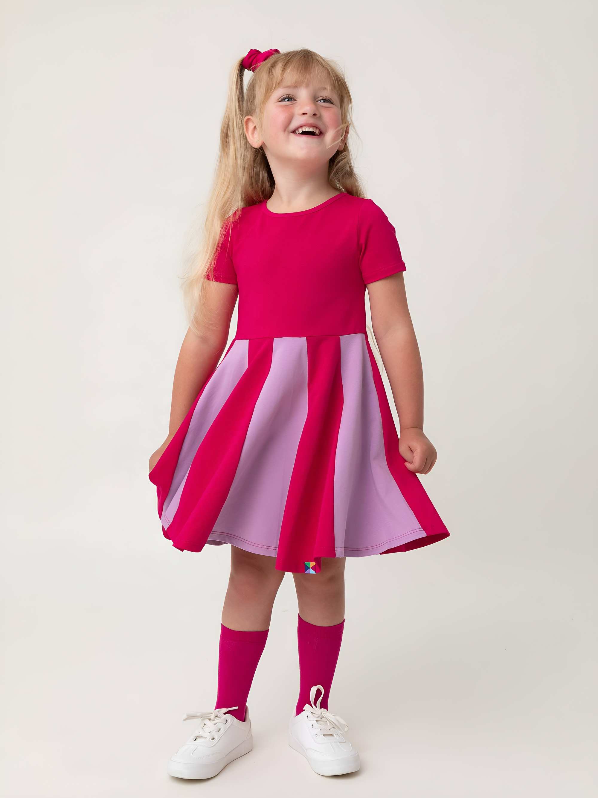 Pink - light purple short sleeve dress with colorful ruffle