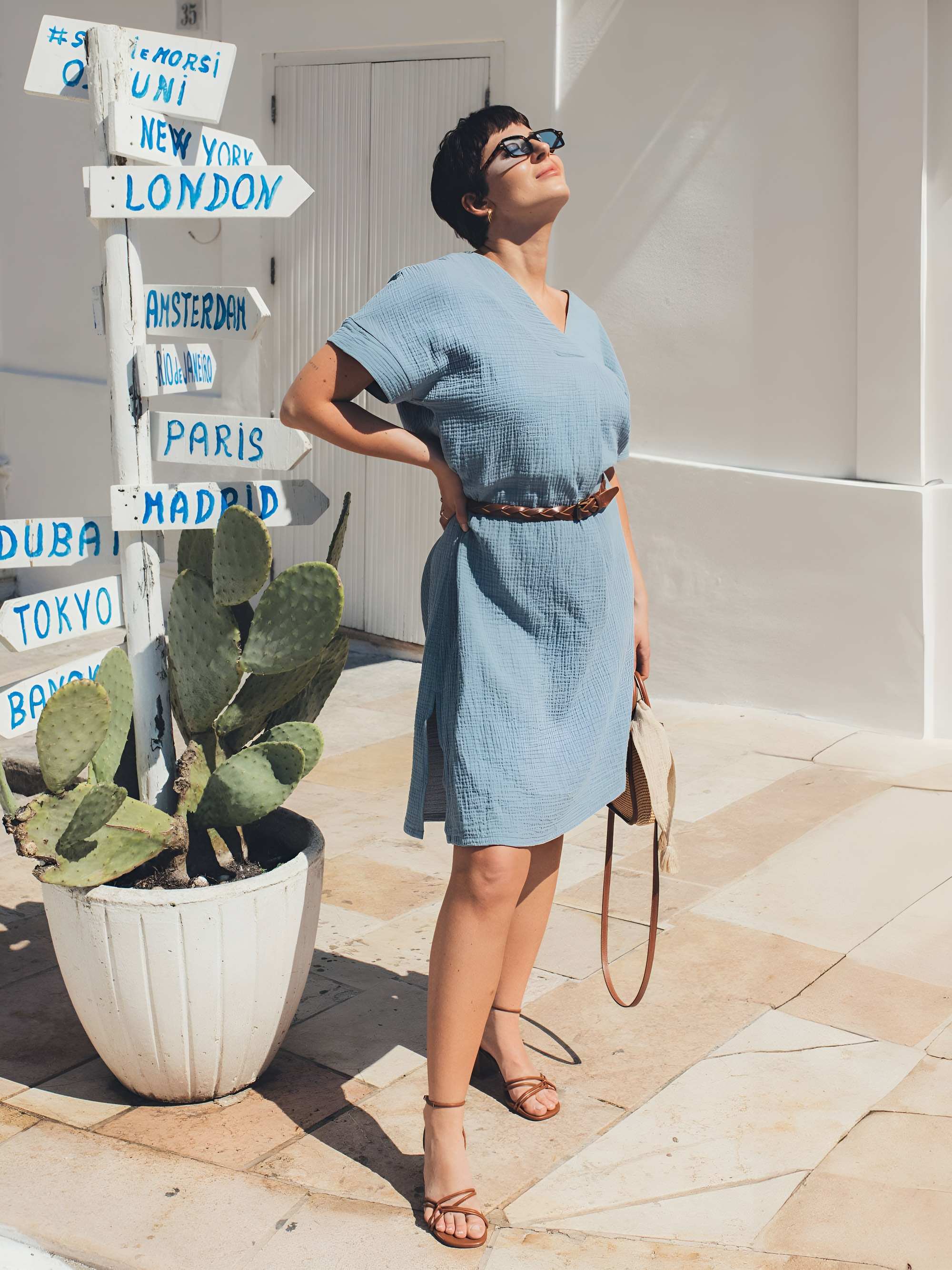 Sky blue muslin loose-fitting dress Women