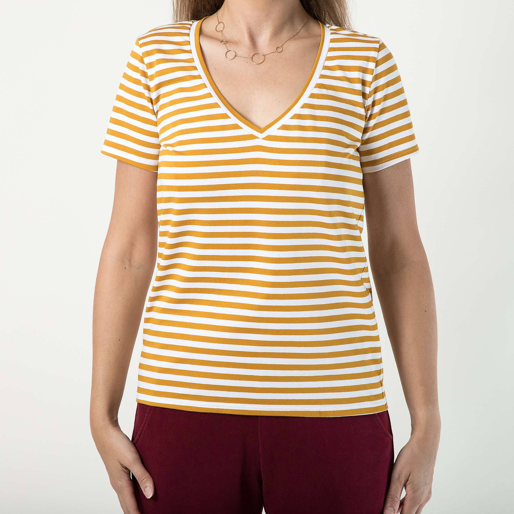 Musztardowy T-shirt damski w paski