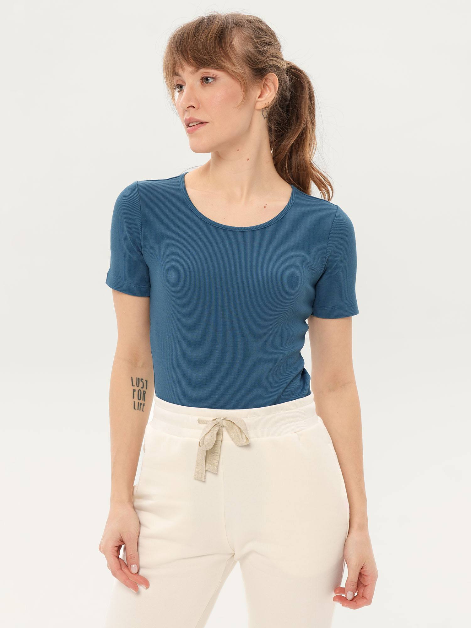 Dark Blue Ribbed Cotton T-Shirt with Short Sleeves Women