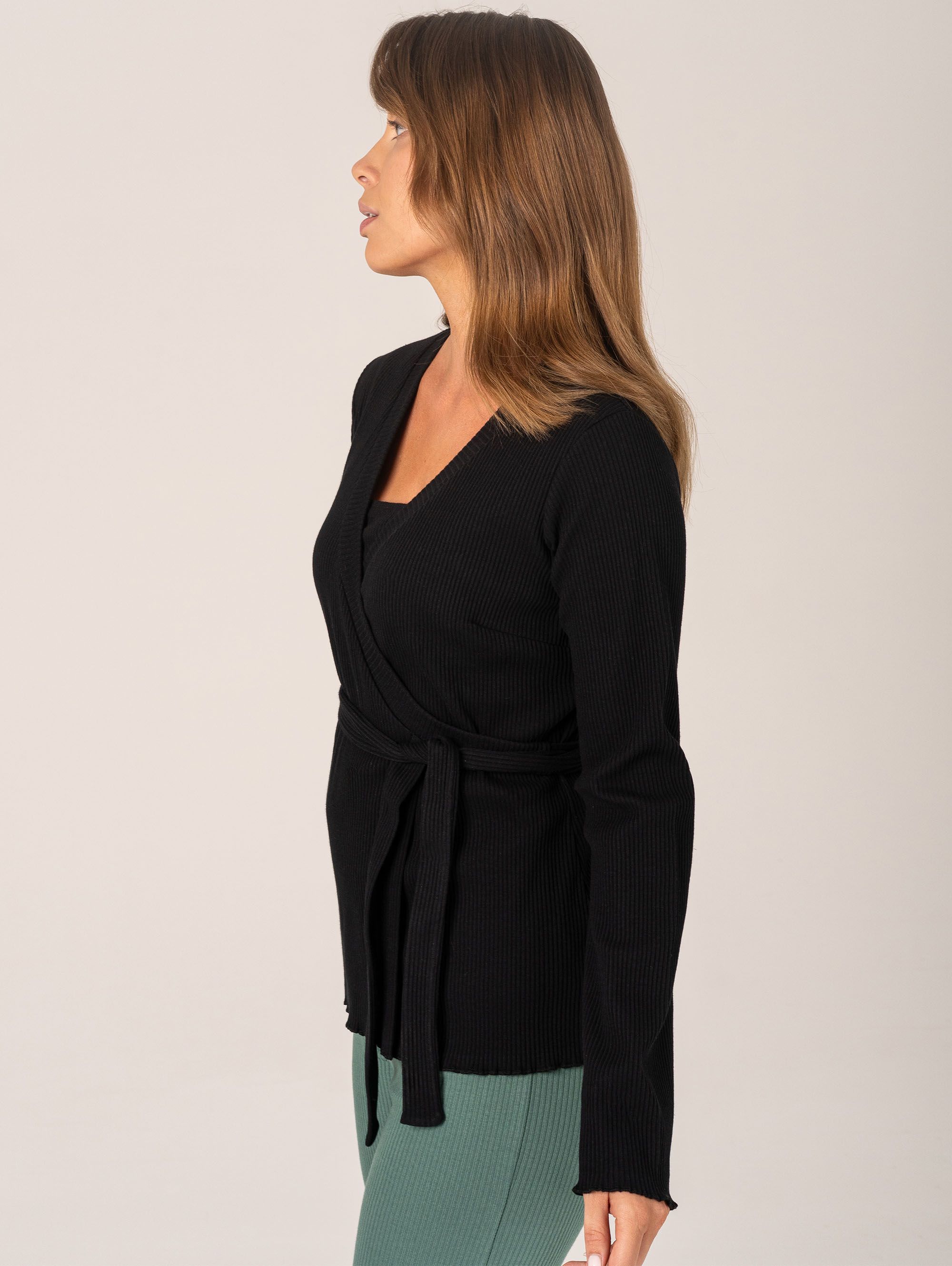 Black Ribbed Knit Tie-Front Cardigan Women