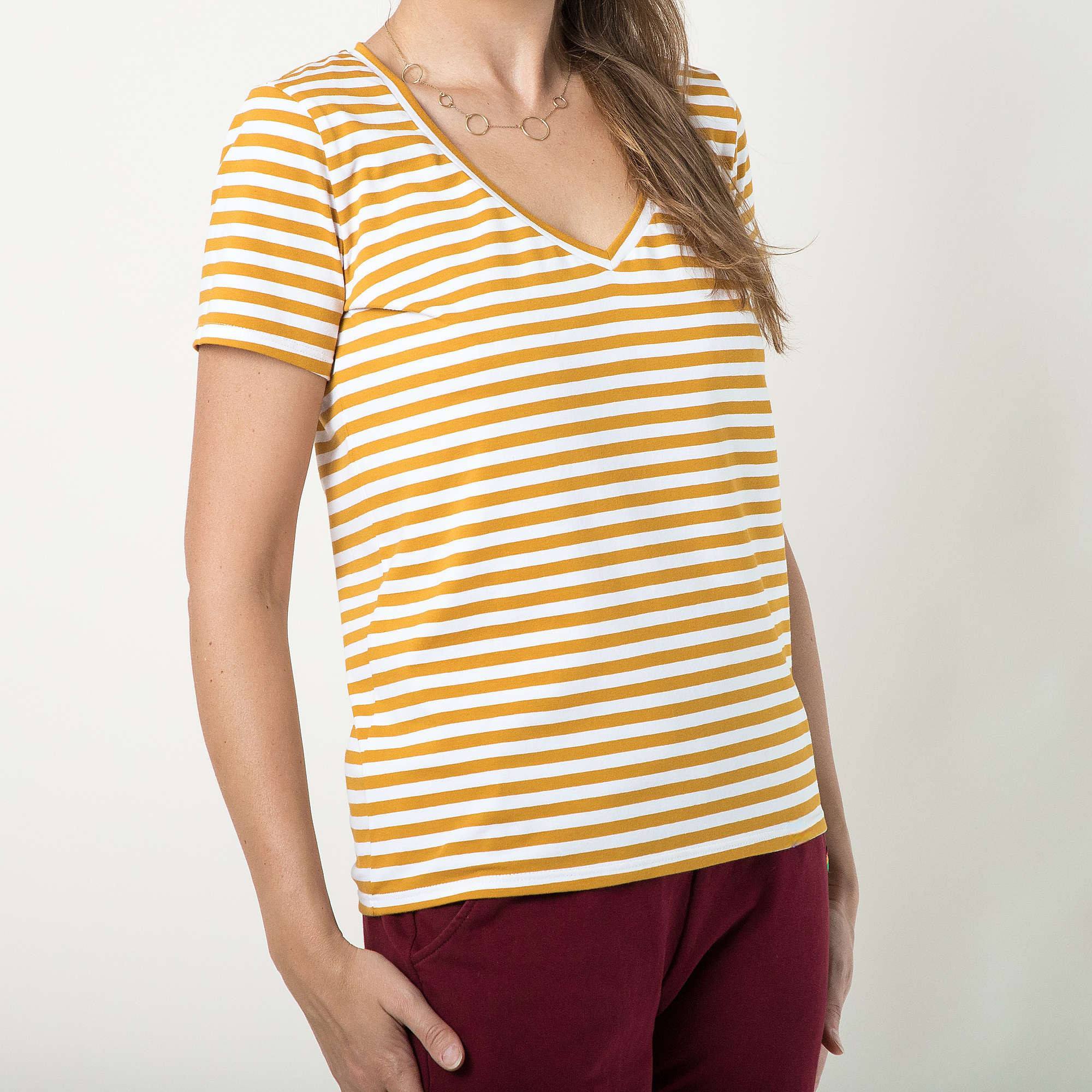 Musztardowy T-shirt damski w paski