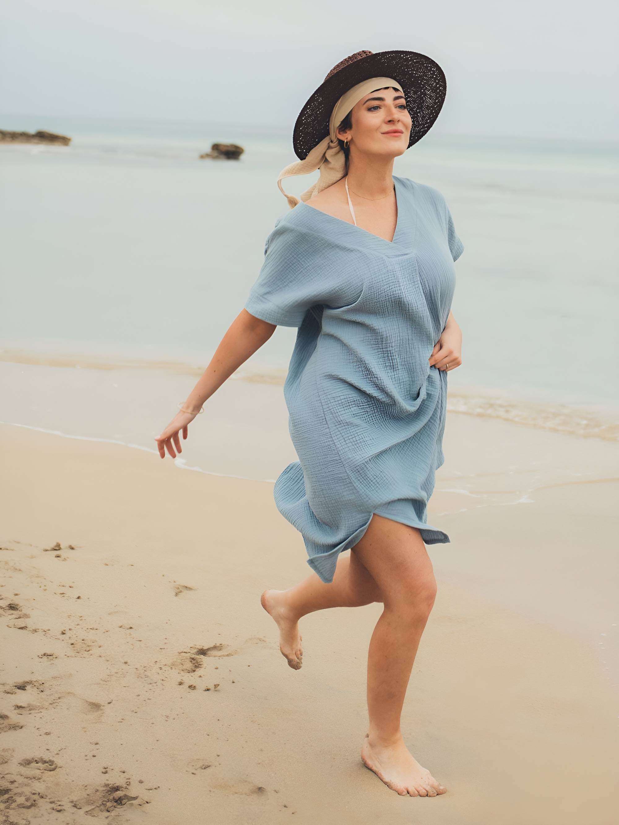 Sky blue muslin loose-fitting dress Women